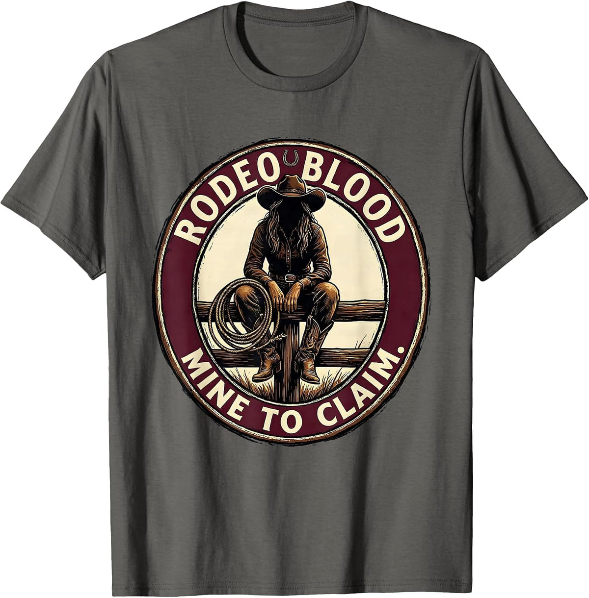 Rodeo Blood Mine To Claim Western Cowgirl Black Pride Emblem T-Shirt - Asphalt Grey