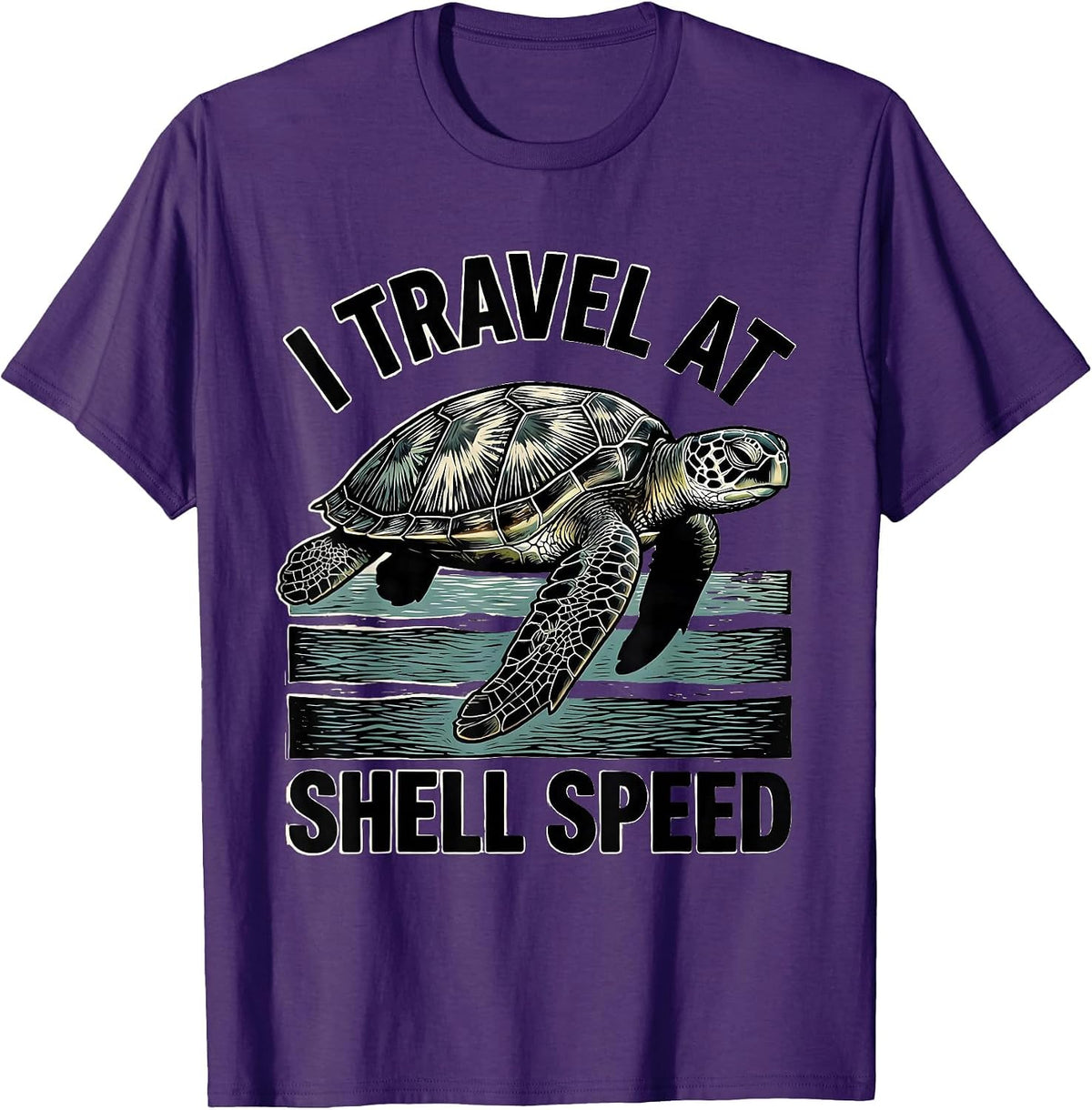 Men's I Travel At Shell Speed Woodcut Engraving Sea Turtle Lover T-Shirt - Purple