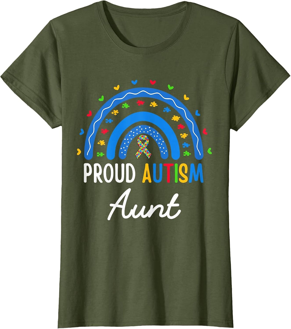 Proud Autism Aunt Rainbow Autism Awareness Aunt Nephew Niece T-Shirt - Olive Green