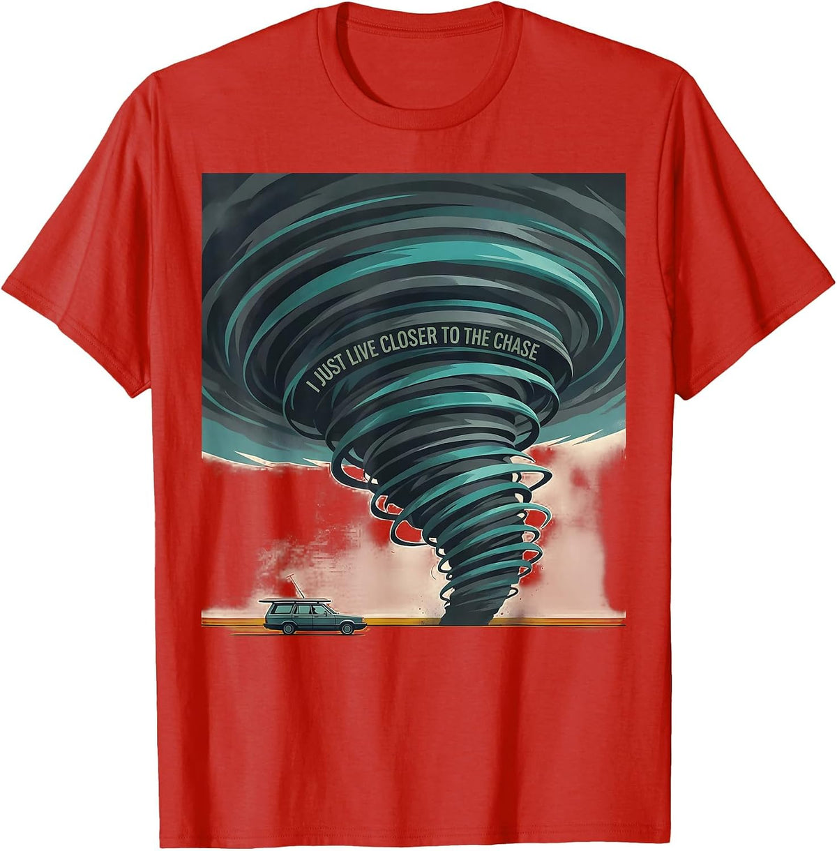 Men's I Just Live Closer To The Chase Midcentury Modern Storm T-Shirt - Red