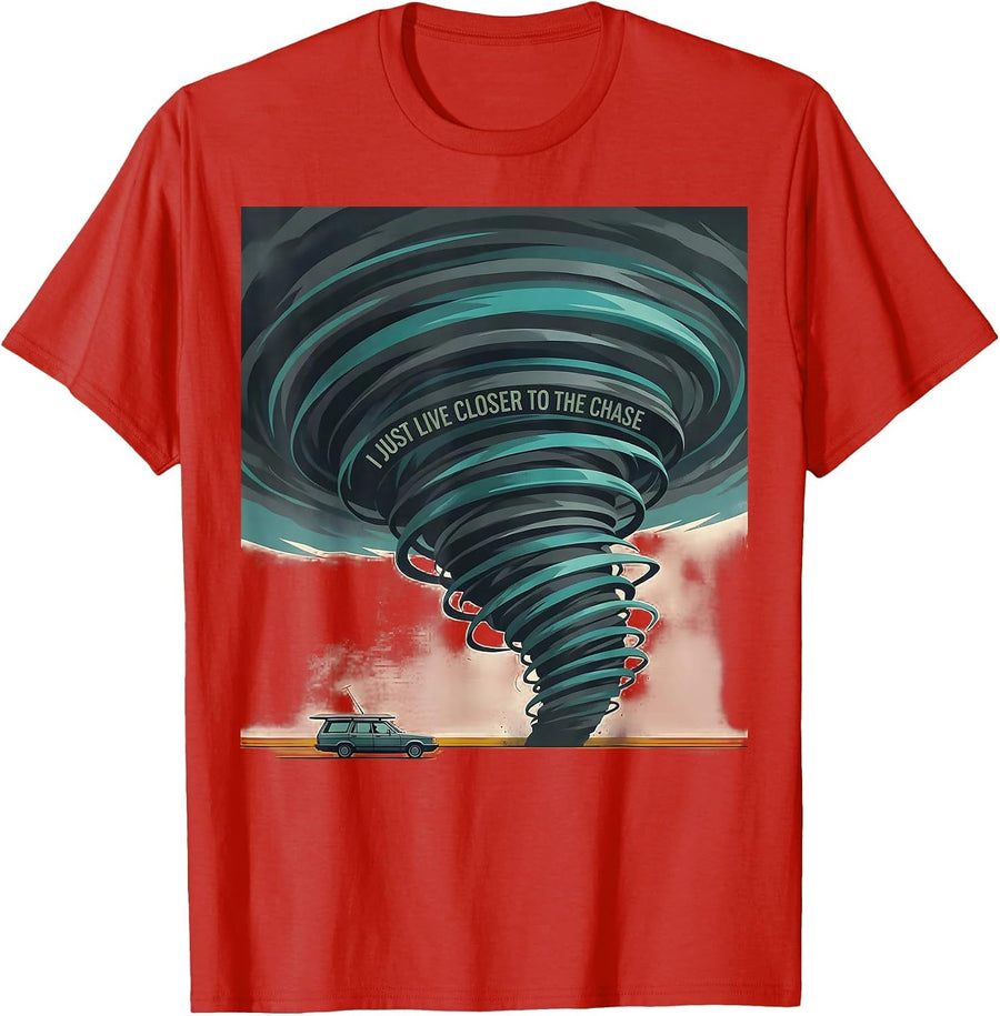 Men's I Just Live Closer To The Chase Midcentury Modern Storm T-Shirt - Red