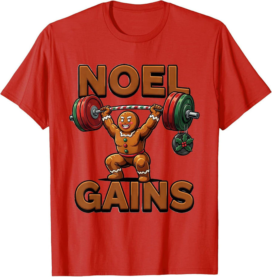 Men's Noel Gains Funny Gingerbread Man Gym Weightlifting Christmas T-Shirt - Red
