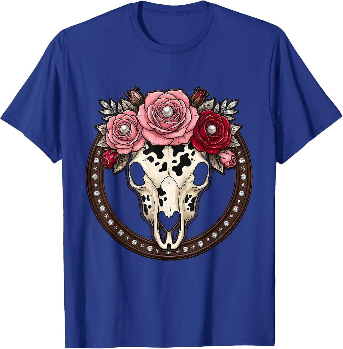 Men's Cow Print Floral Skull Boho Western Design T-Shirt - Royal Blue