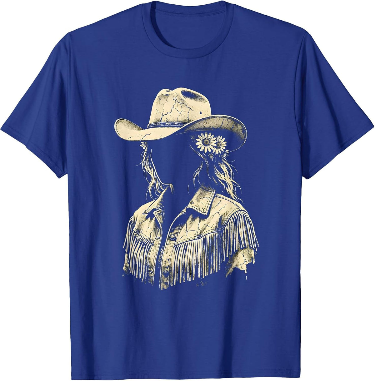 Western Girl Fringe Jacket Daisy Crown Illustration T-Shirt - Royal Blue
