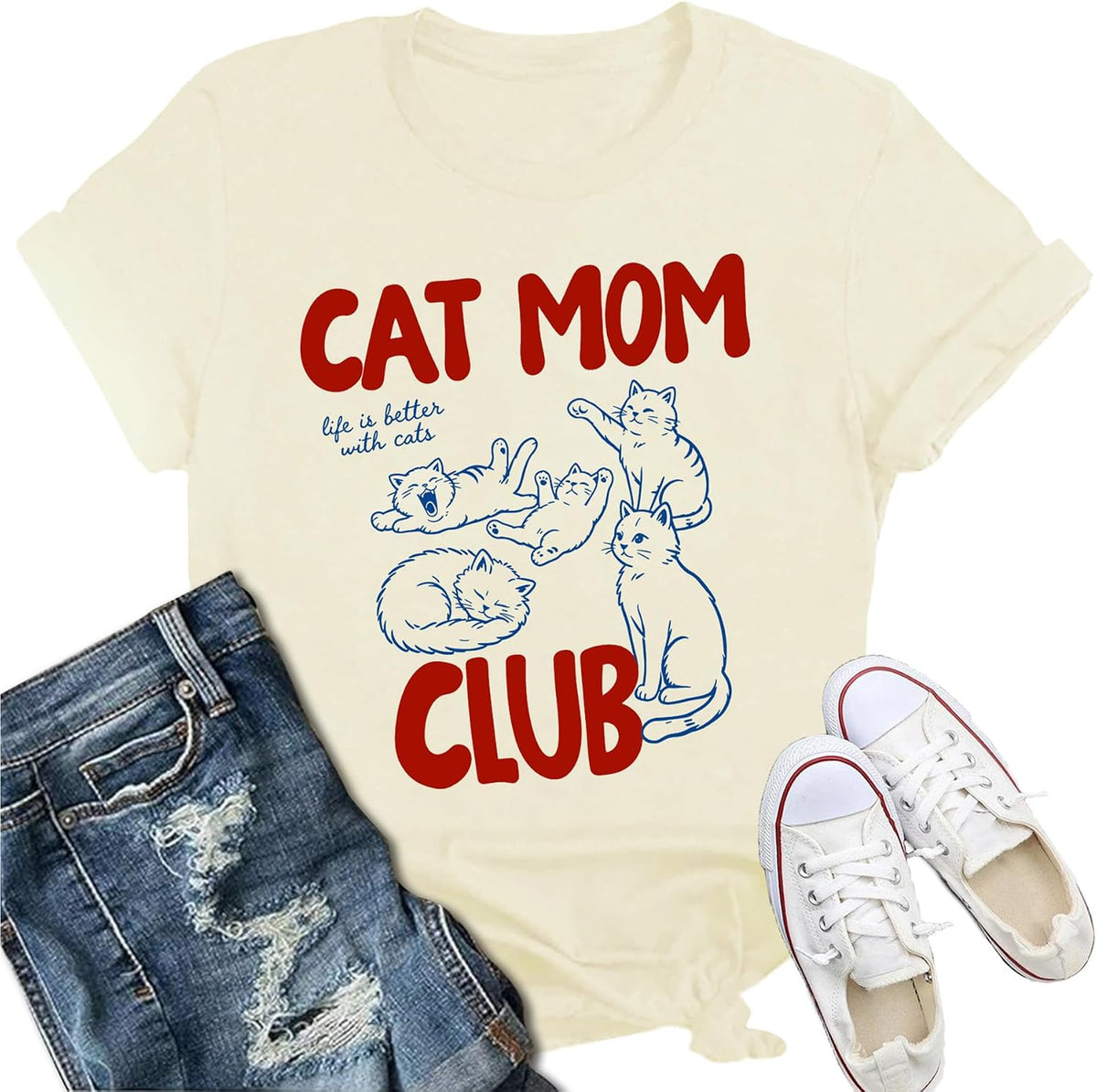 Womens Cat Mom Club Shirt Retro Pet Lover Kitty Owner Tee - Cream