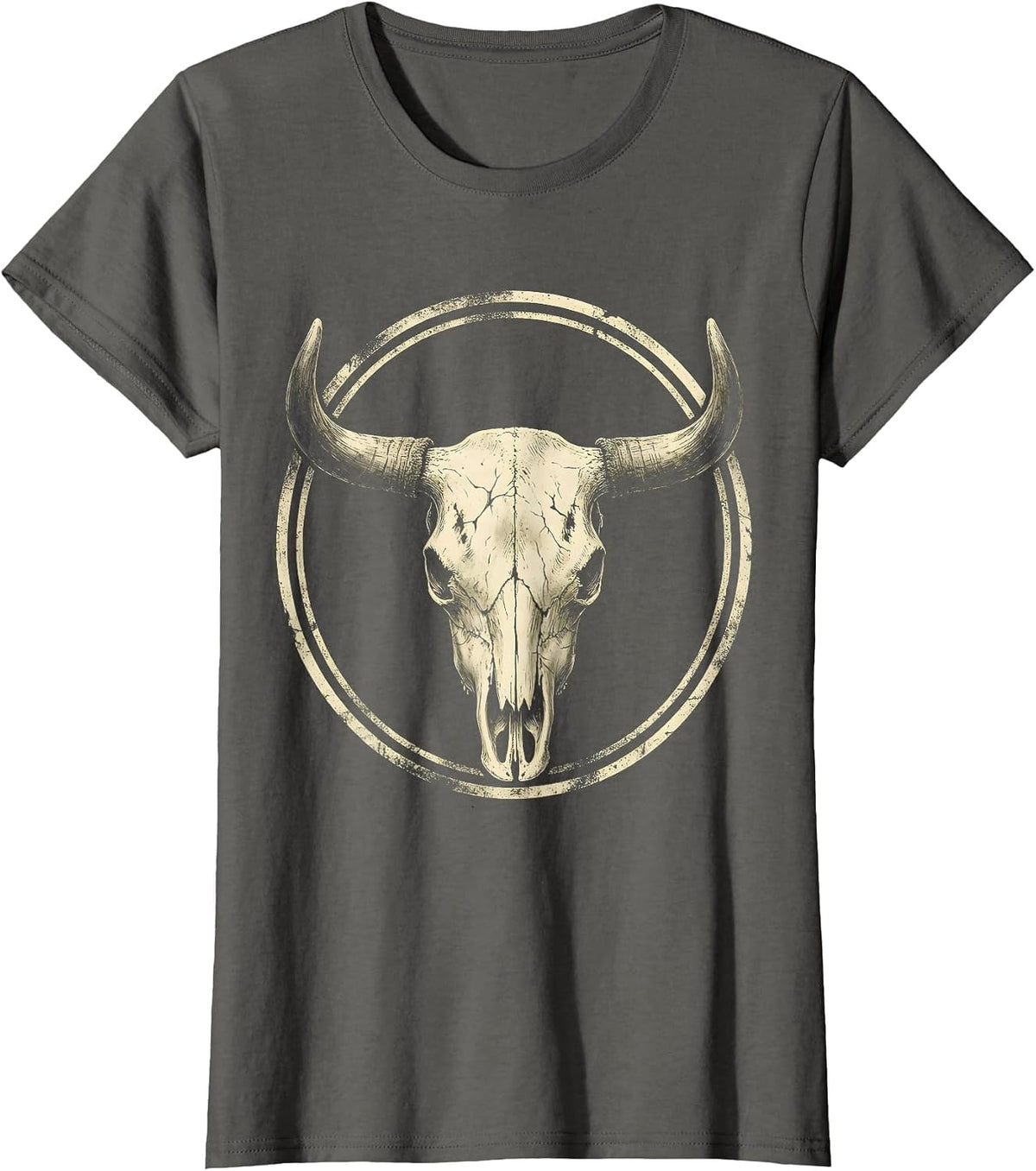 Women's Cow Skull Wildflowers Boho Western Floral Art T-Shirt - Asphalt Grey