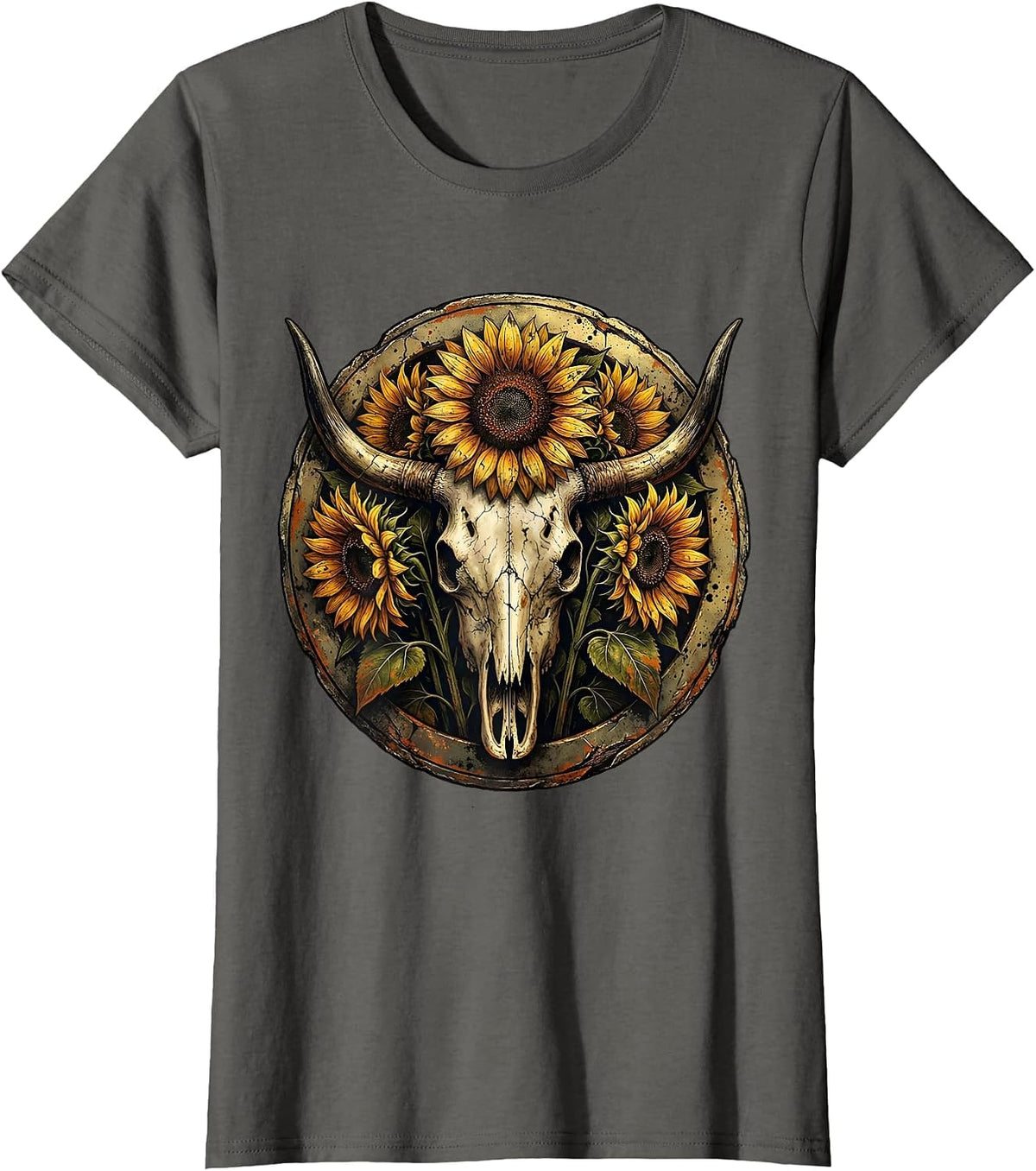 Women's Sunflower Cow Skull Western Boho Graphic T-Shirt - Asphalt Grey
