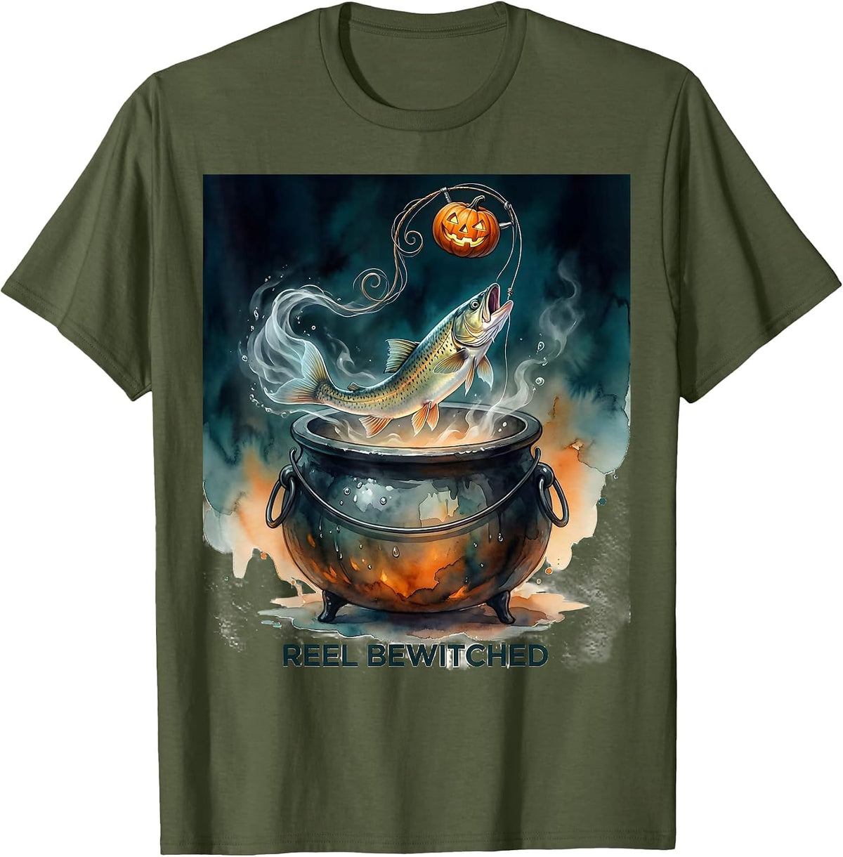 Reel Bewitched Watercolor Halloween Fishing Ghost Trout T-Shirt - Olive Green