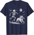 Funny Skeleton Chasing English Bulldog Halloween Dog Mom Pet T-Shirt - Navy Blue