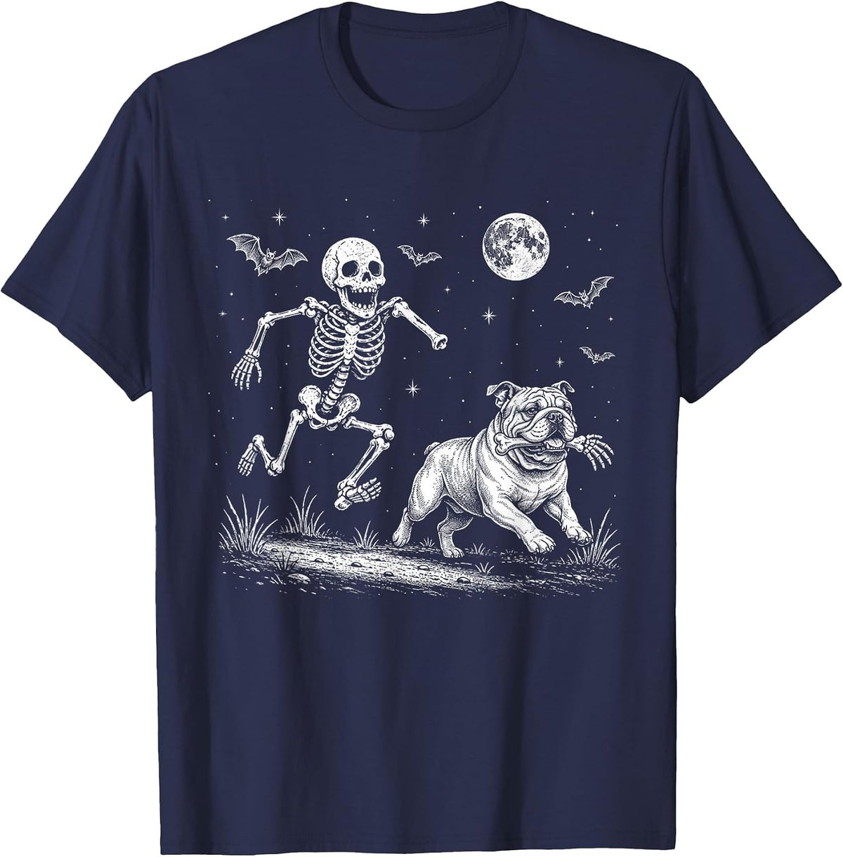 Funny Skeleton Chasing English Bulldog Halloween Dog Mom Pet T-Shirt - Navy Blue
