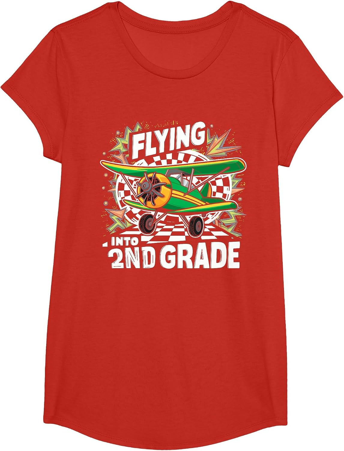 Flying Into 2nd Grade Airplane Pilot Back to School Kids T-Shirt - Girls Red