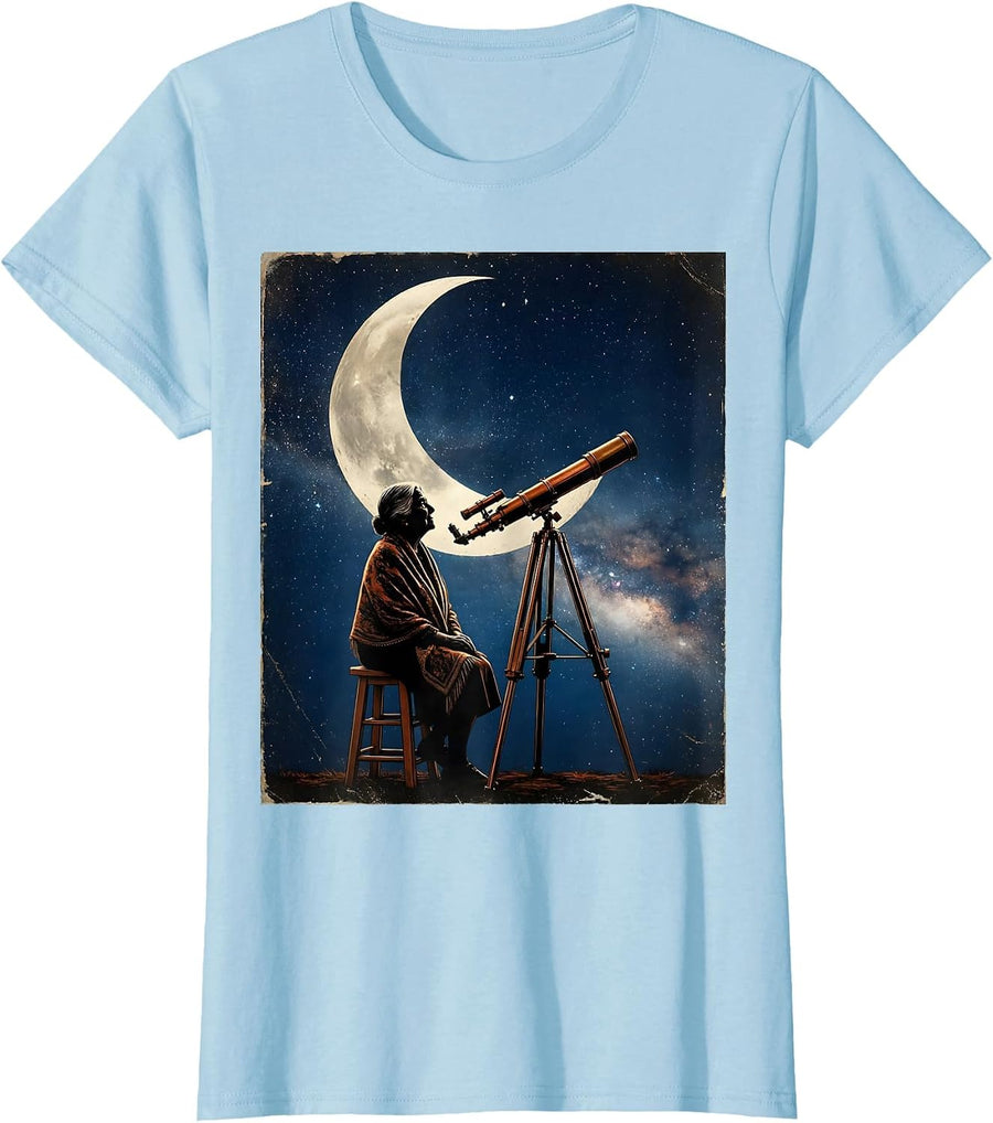 Women's Grandma Stargazing Telescope Night Sky Design T-Shirt - Baby Blue