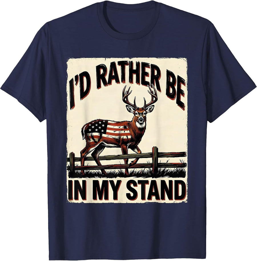 I'd Rather Be In My Stand Funny Hunting Dad Deer Hunter T-Shirt - Navy Blue