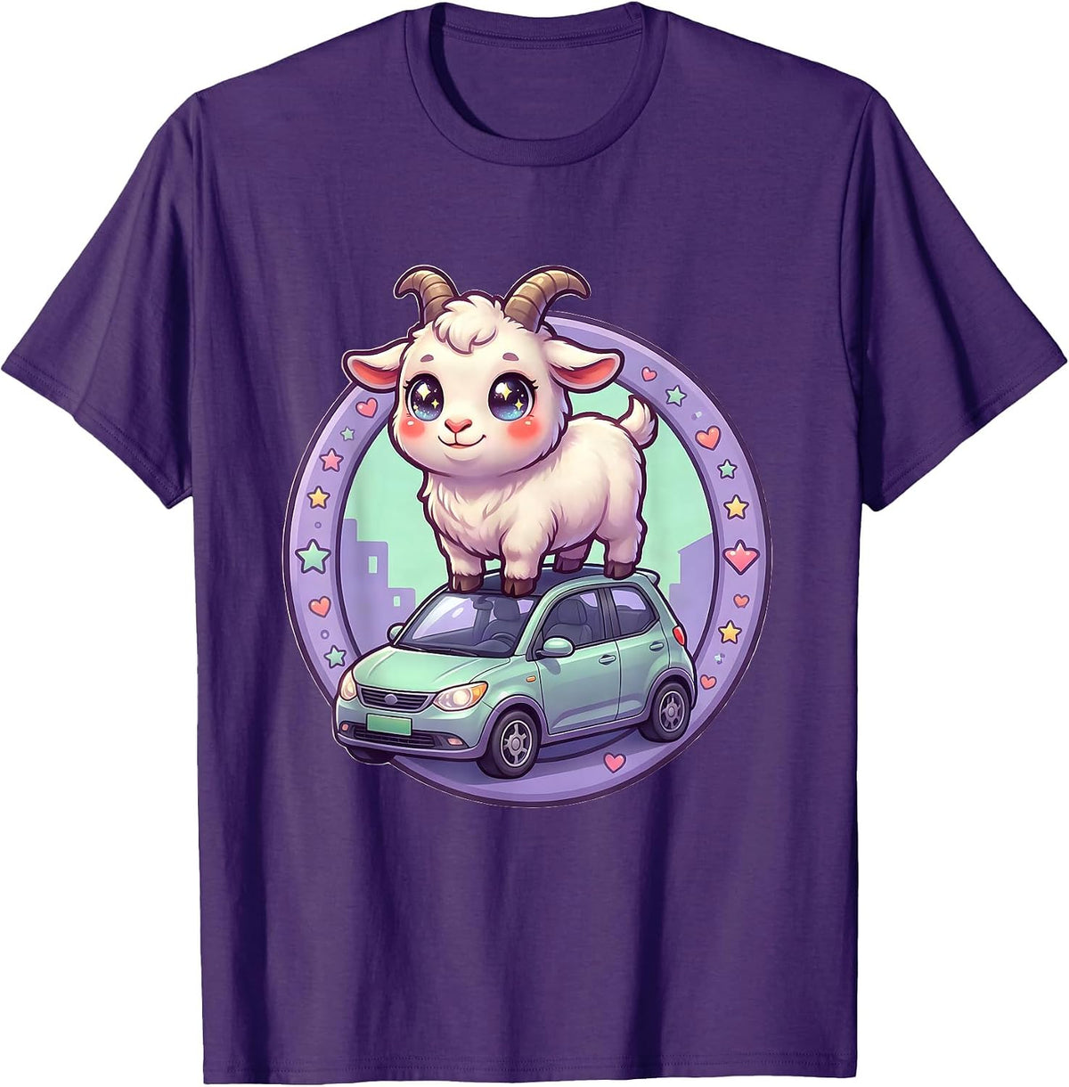 Goat on a Car Roof Funny Animal Graphic T-Shirt - Purple