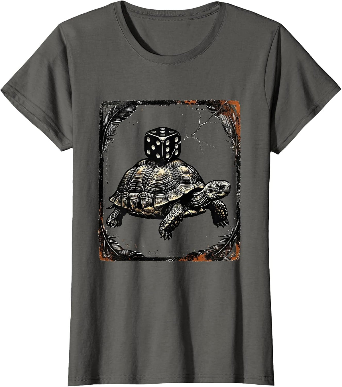 Women's Turtle Dice Rubber Stamp Gamer Japanese Art Humor T-Shirt - Asphalt Grey