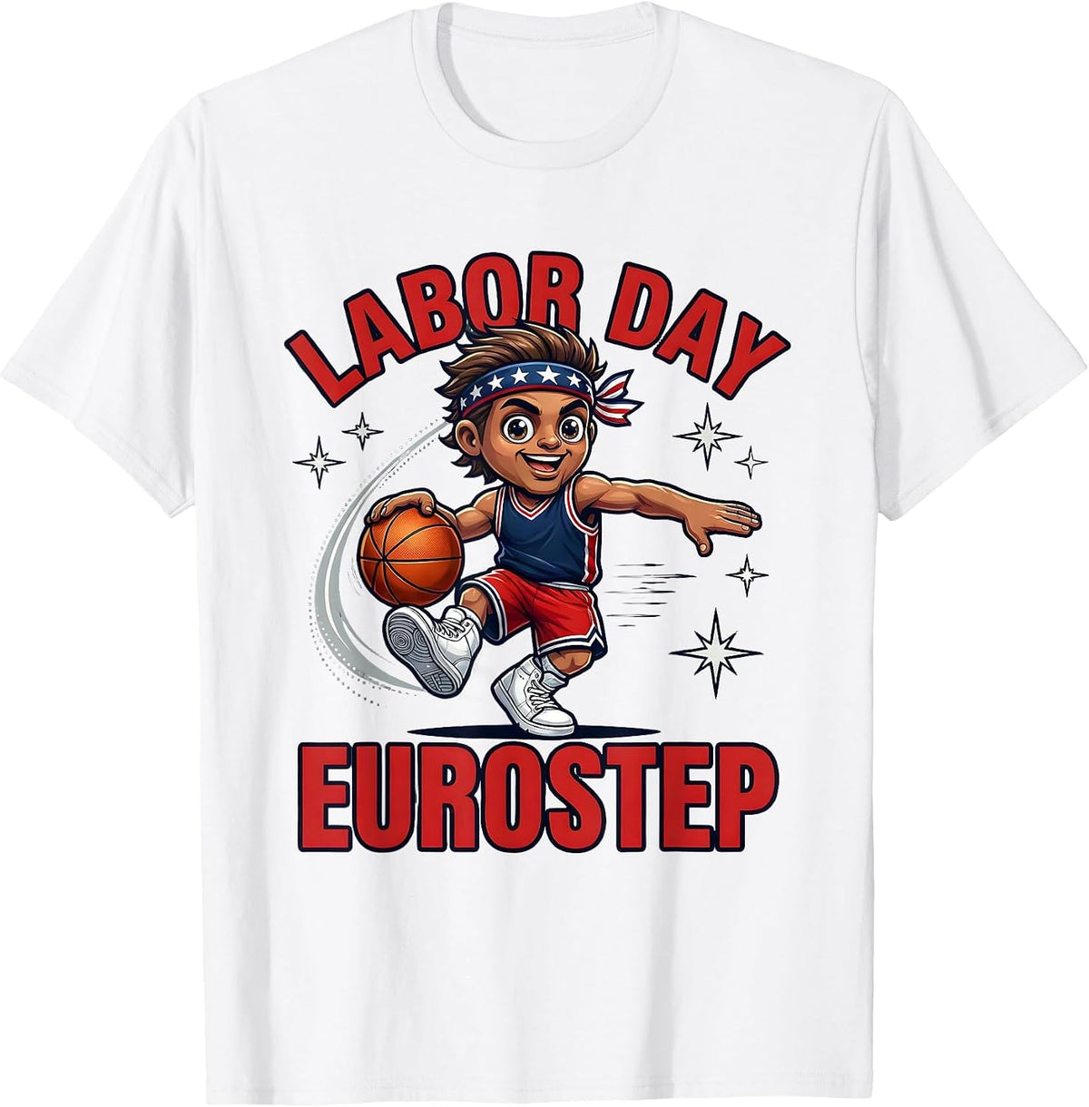 Men's LABOR DAY EUROSTEP Cartoon Basketball Player Patriotic T-Shirt - White