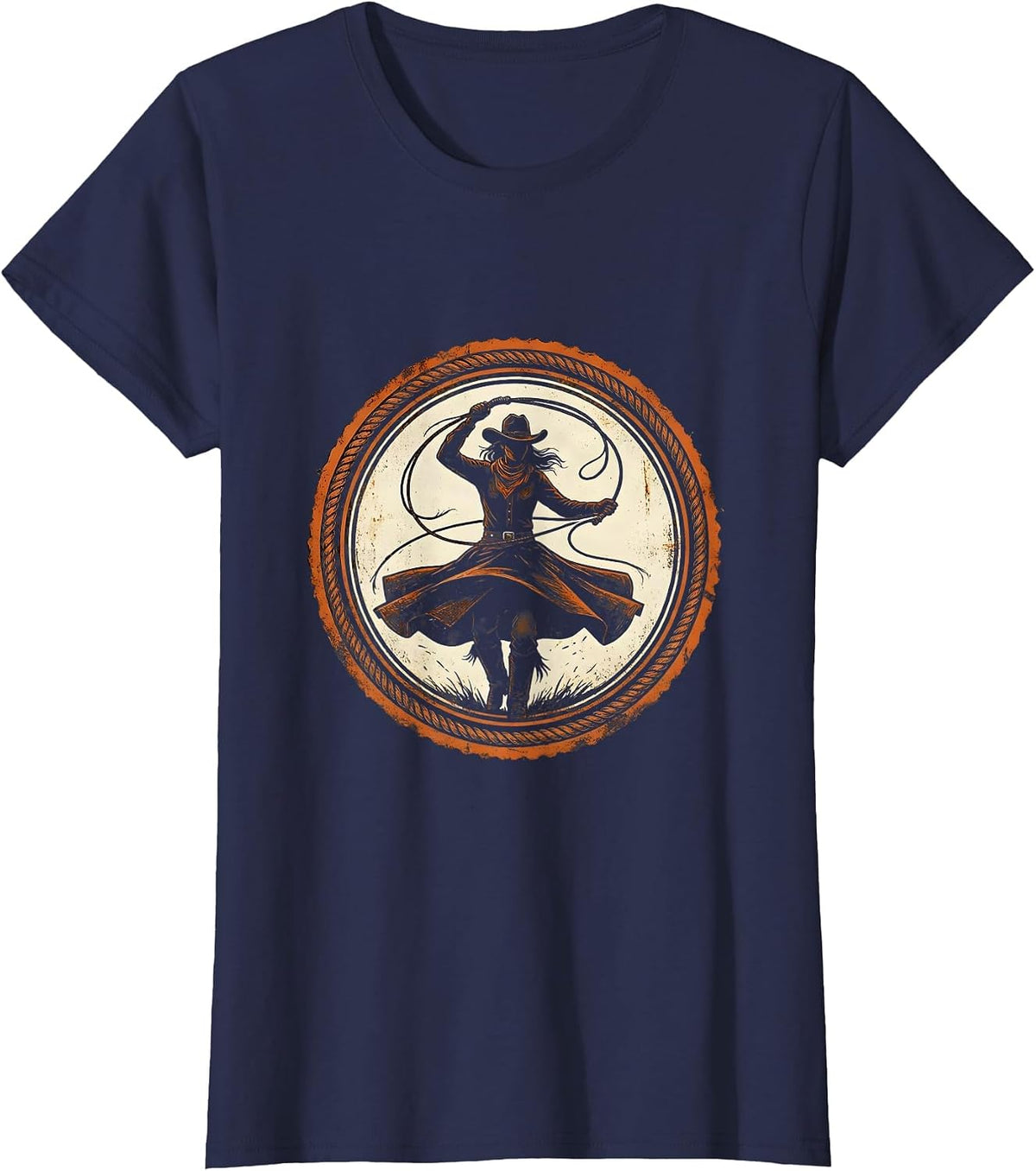 Women's Cowgirl Hat Lasso Twirl Western Rodeo Graphic T-Shirt - Navy Blue