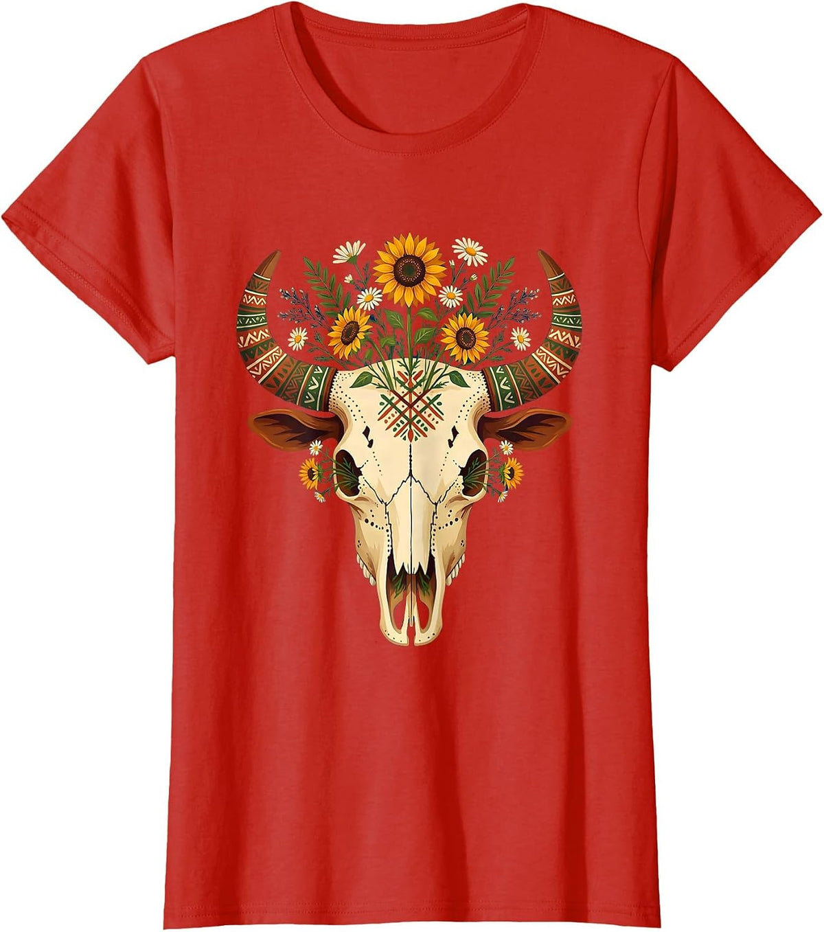 Cow Skull Wildflowers Western Floral Nature Art T-Shirt - Red