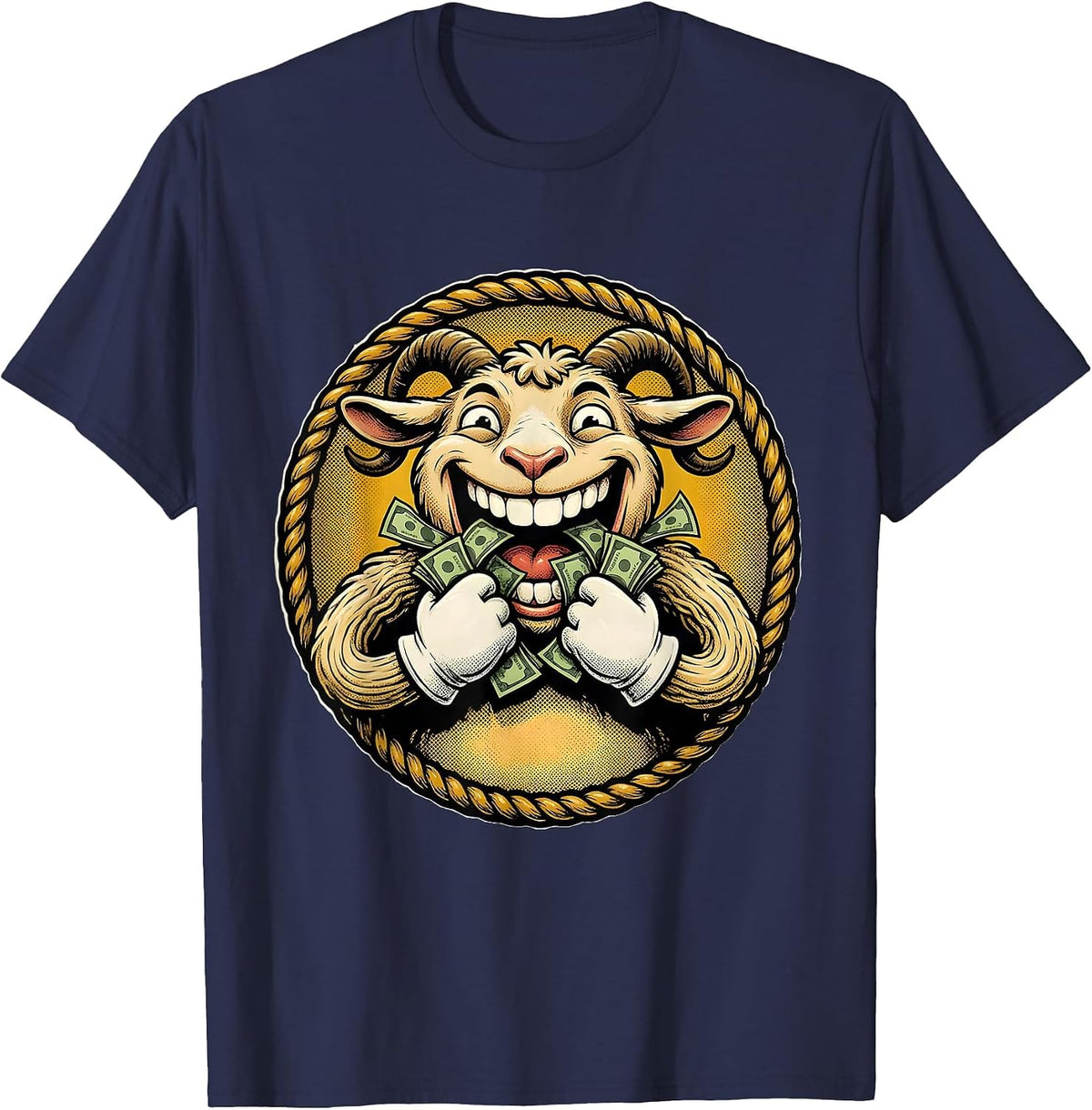 Men's Funny Goat Eating Dollar Bills Illustration T-Shirt - Navy Blue