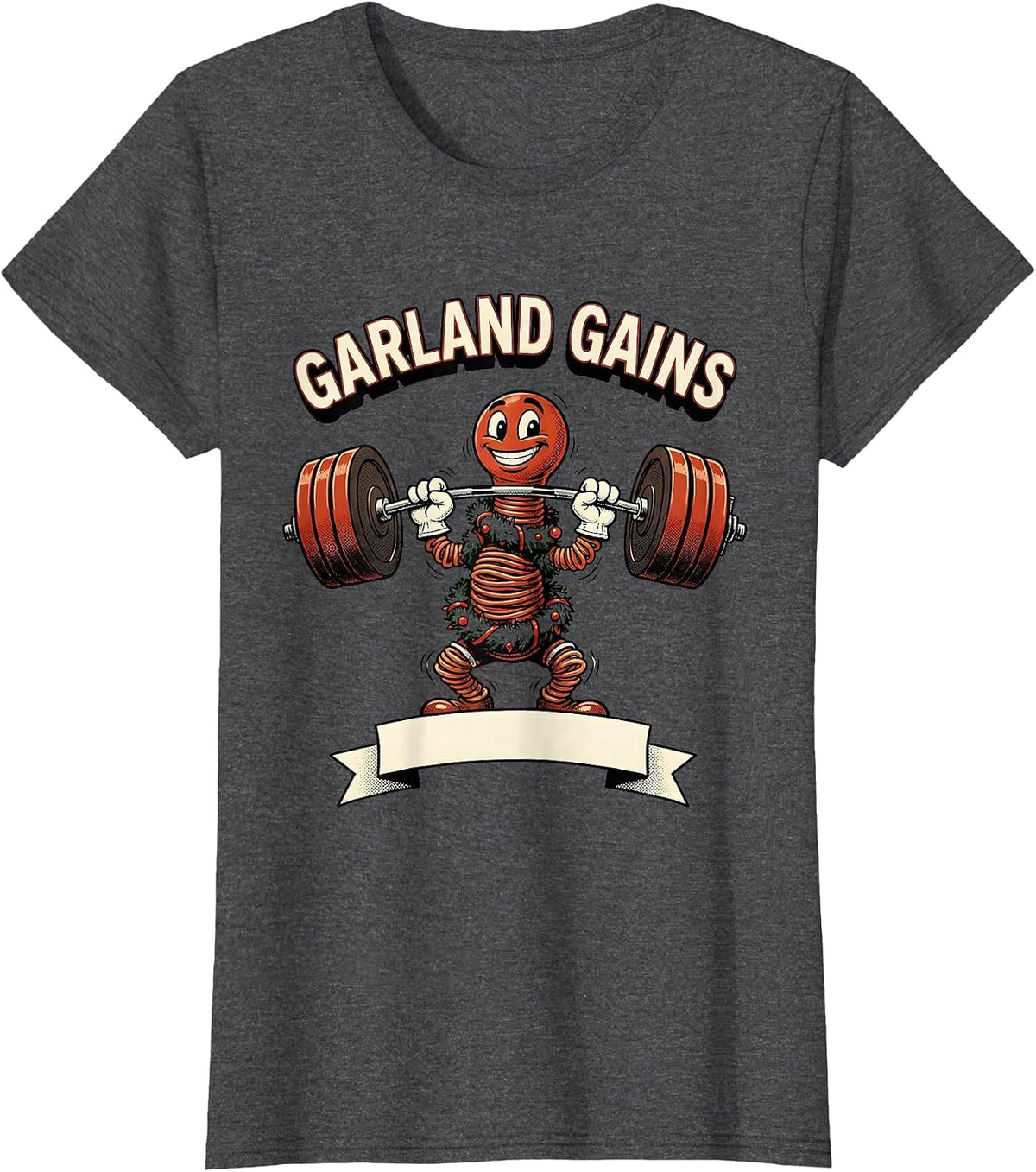 Women's Garland Gains Retro Cartoon Funny Christmas Gym Fitness T-Shirt - Dark Heather Grey