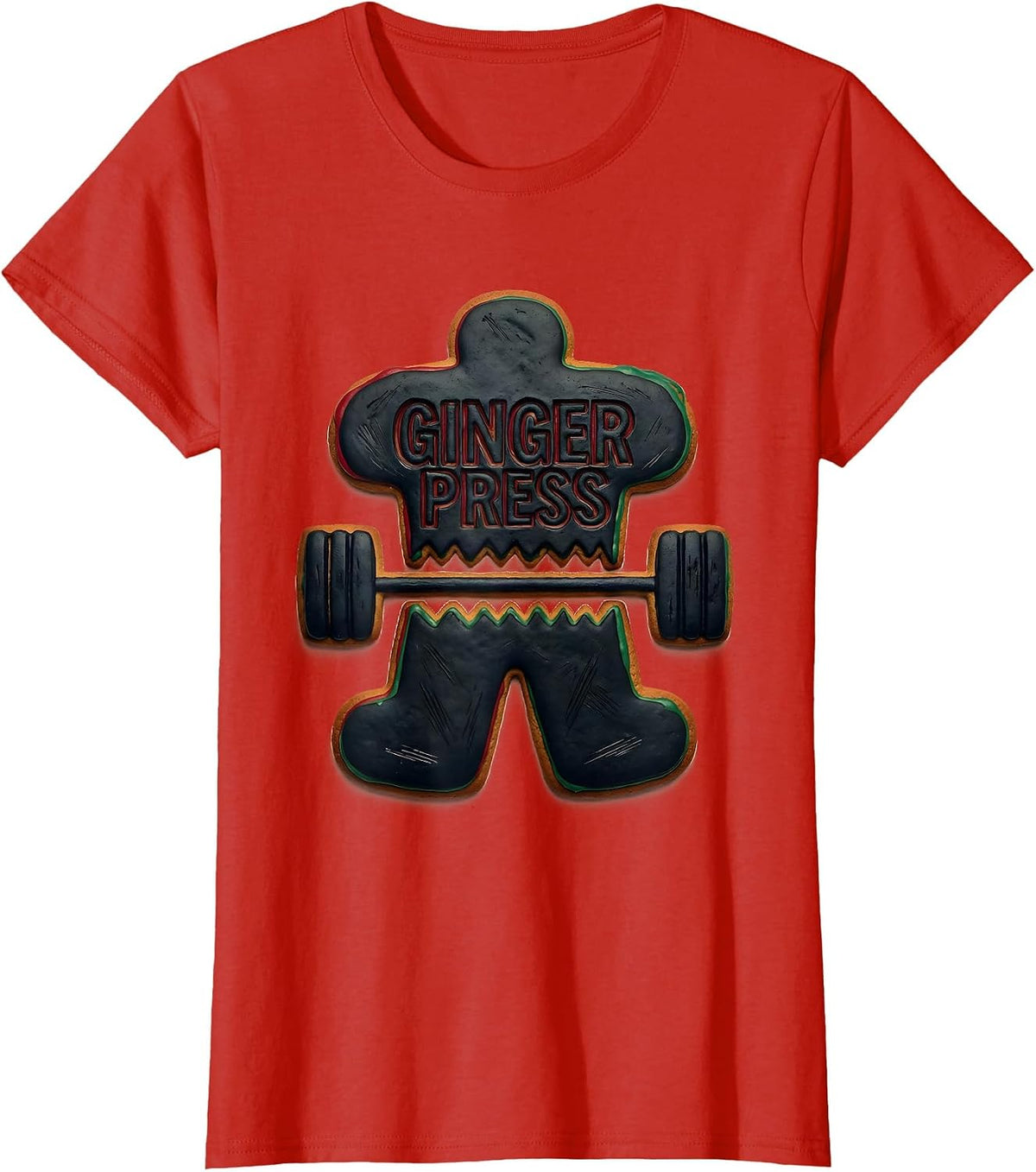 Women's Ginger Press Linocut Funny Gym Bodybuilding Christmas T-Shirt - Red