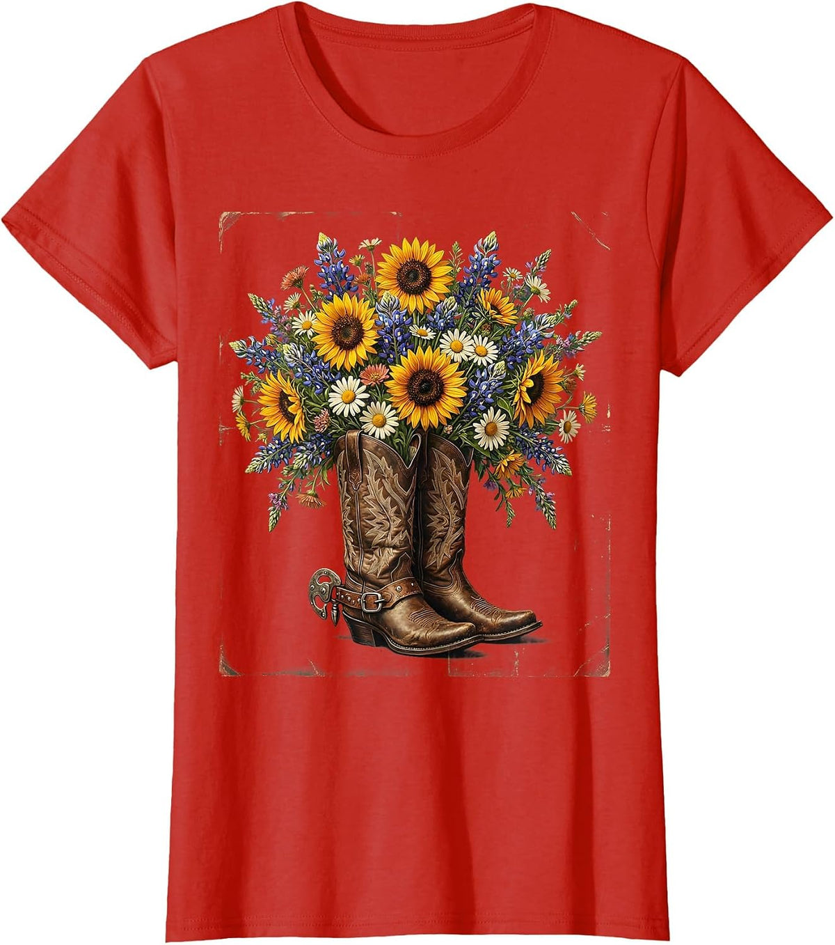 Women's Cowgirl Boots Wildflowers Western Illustration T-Shirt - Red