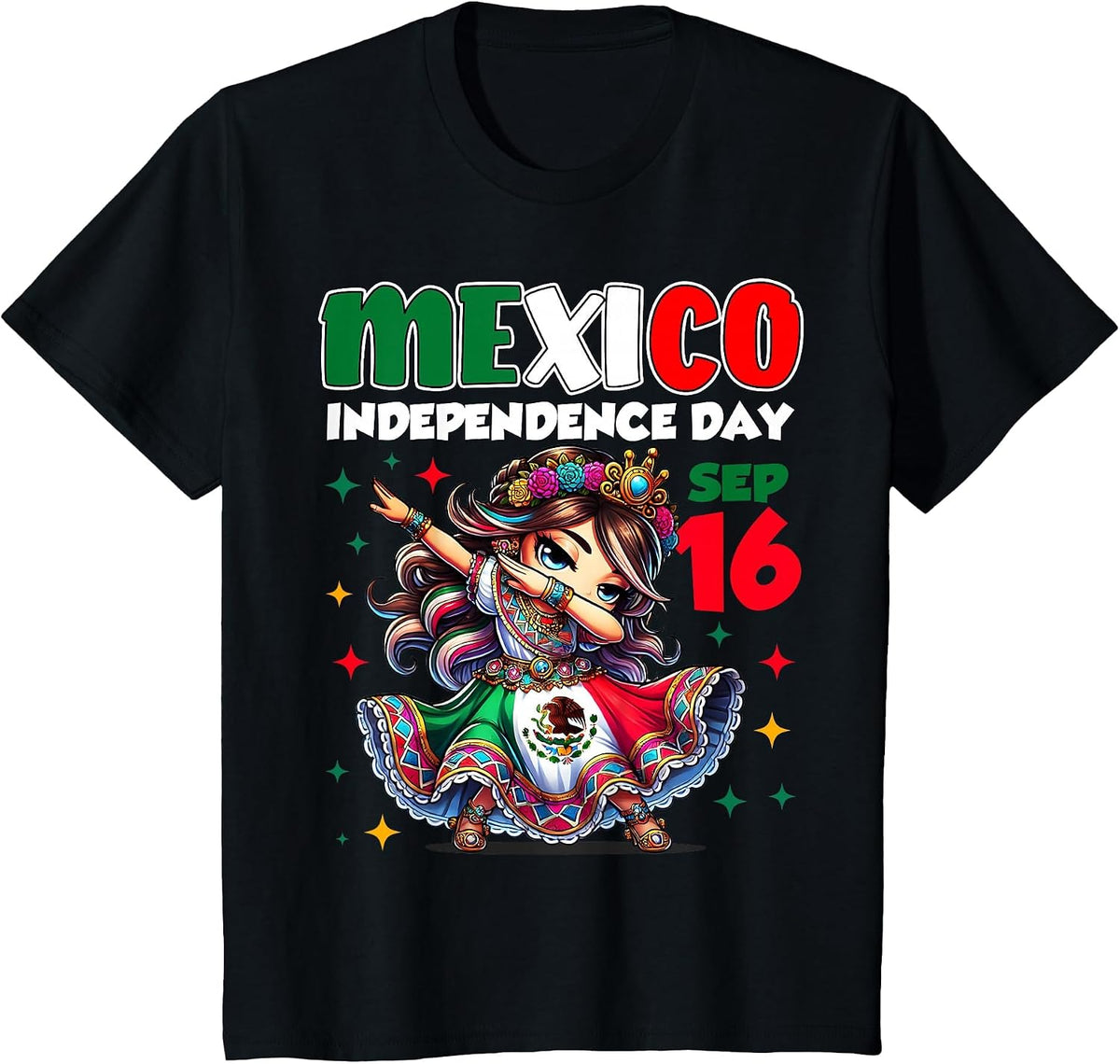 Mexico Independence Day September 16 Celebration Tee T-Shirt for Girls Kids Women - Black