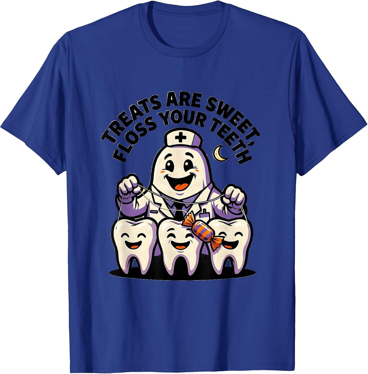 Treats Are Sweet Floss Your Teeth Cartoon Halloween Dentist T-Shirt - Royal Blue