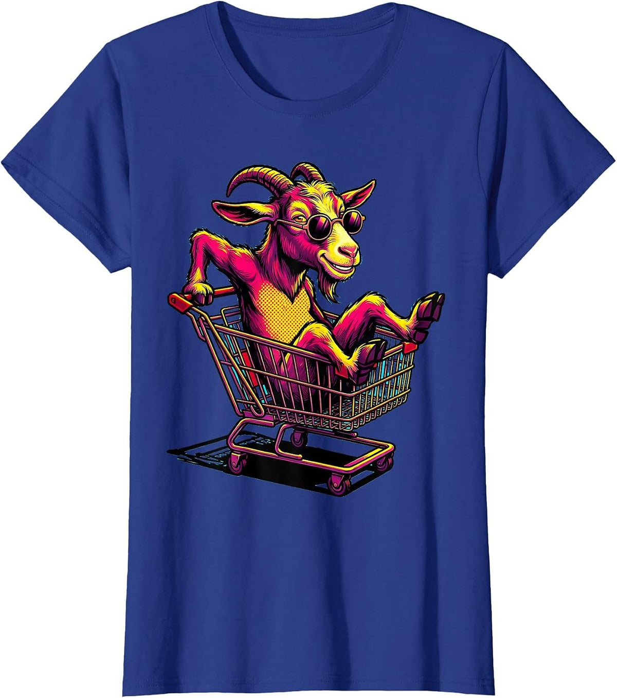 Women's Goat in Sunglasses Shopping Cart Climber T-Shirt - Royal Blue