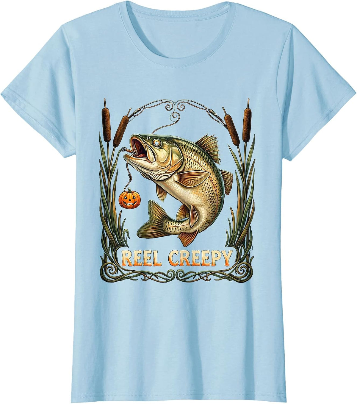 Reel Creepy Folk Art Halloween Fishing Ghost Trout Gift T-Shirt - Baby Blue