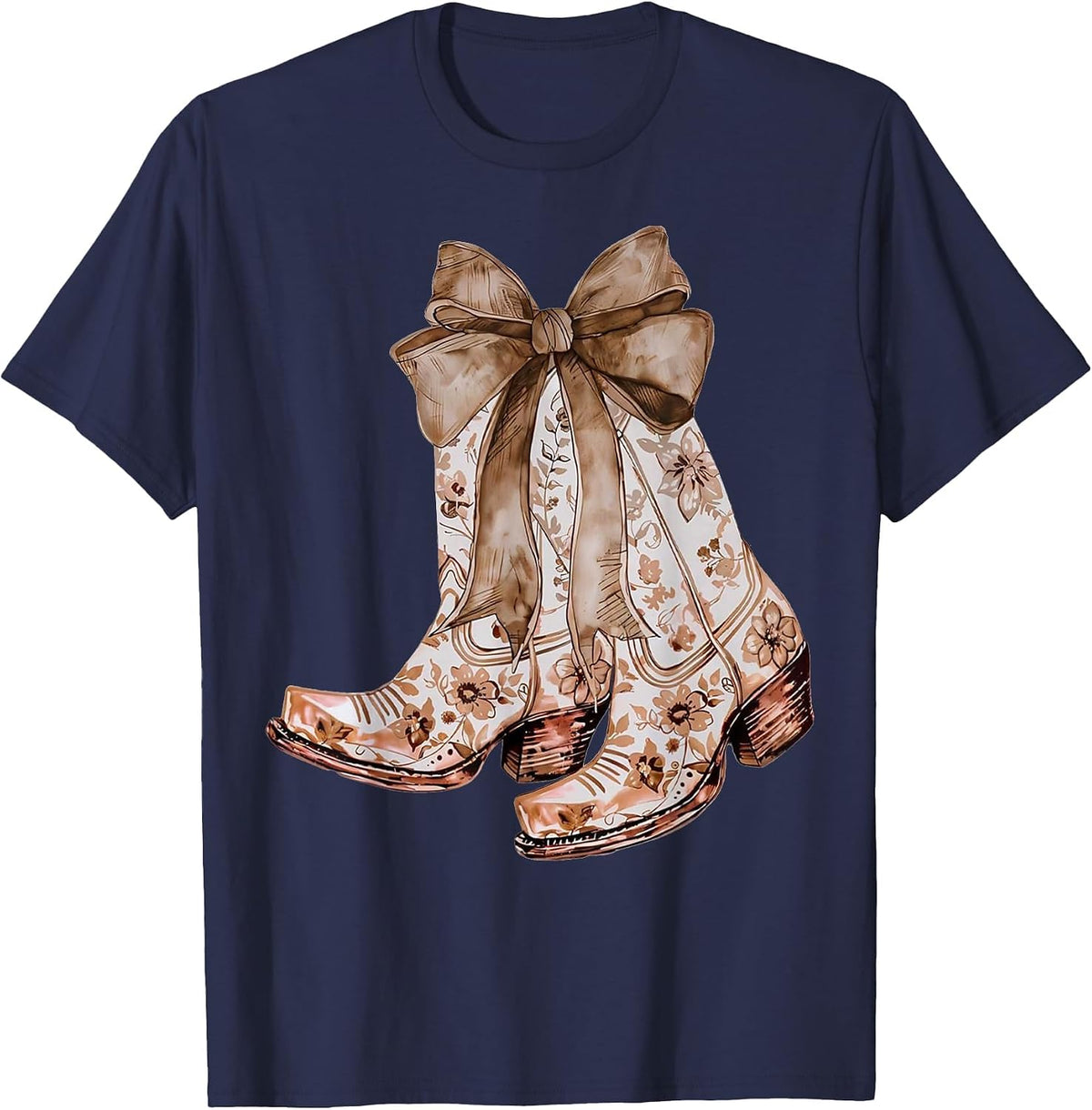 Howdy Brown Leather Bow Cowhide Coquette T-Shirt - Navy Blue
