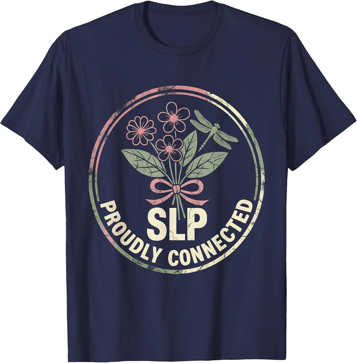 SLP Proudly Connected Boho Floral Speech Language T-Shirt - Navy Blue