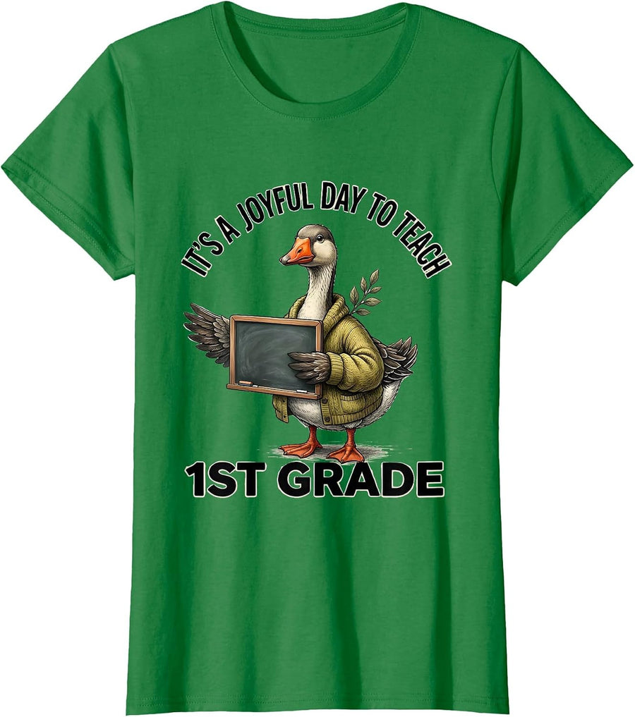 Women's It's A Joyful Day To Teach 1st Grade Funny Teacher Back T-Shirt - Kelly Green
