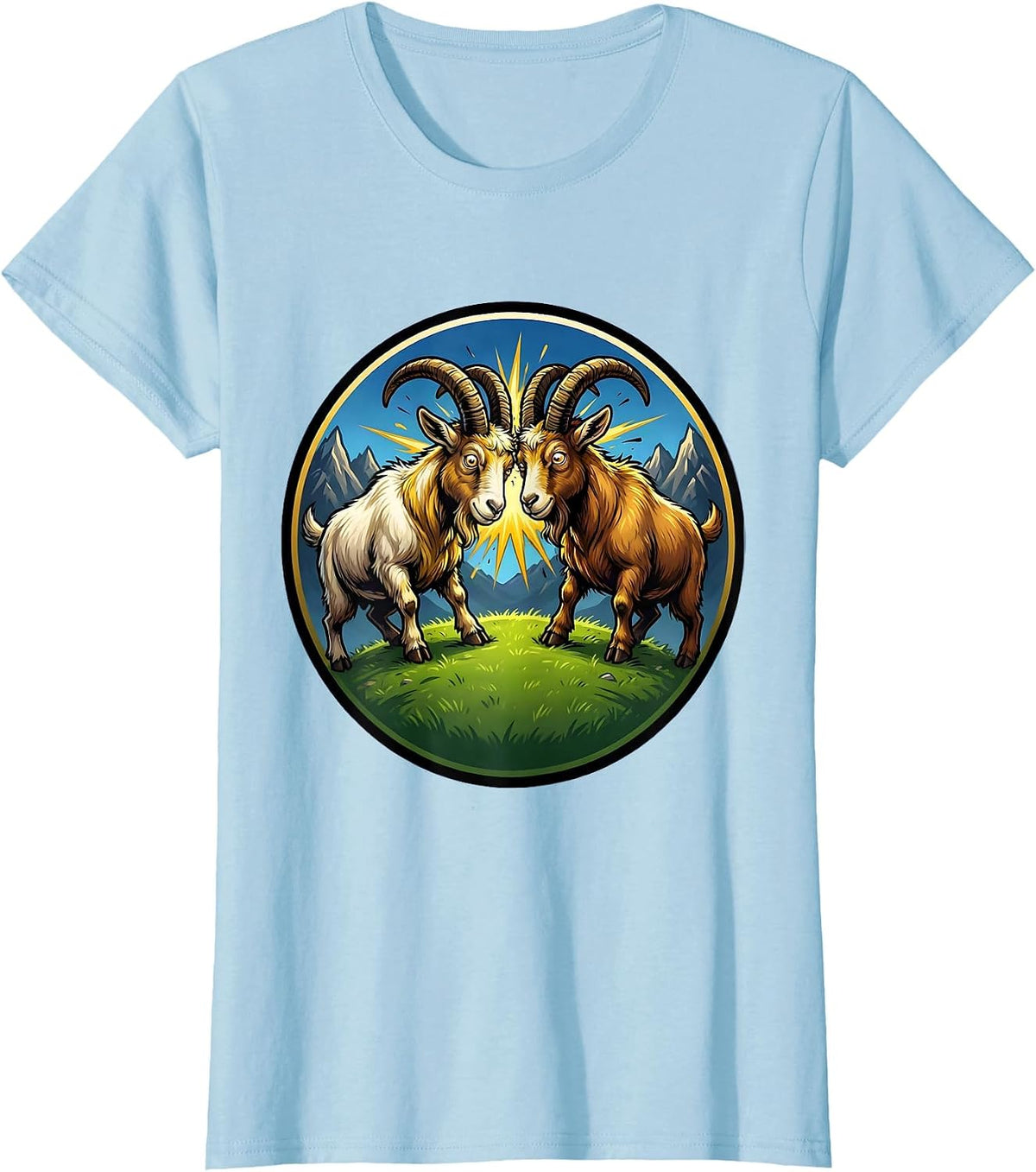 Women's Dueling Goats Locking Horns on a Hilltop T-Shirt - Baby Blue