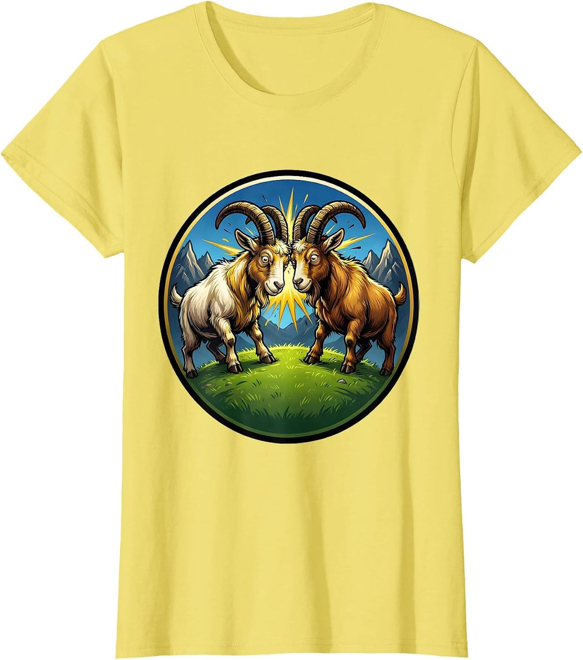 Women's Dueling Goats Locking Horns on a Hilltop T-Shirt - Lemon Yellow