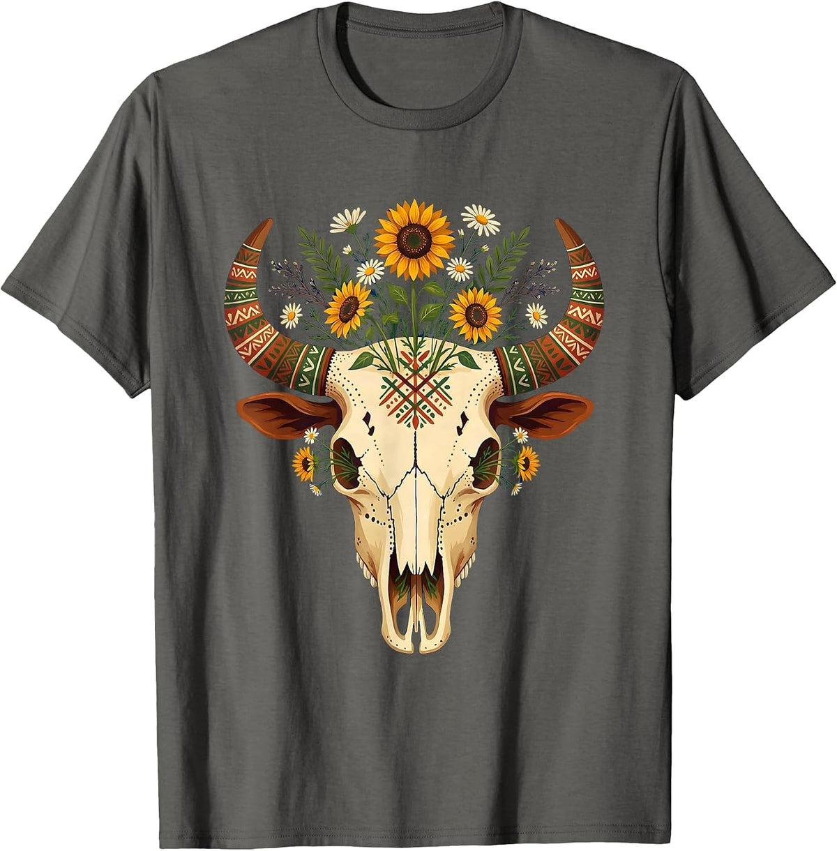 Cow Skull Wildflowers Western Floral Nature Art T-Shirt - Asphalt Grey