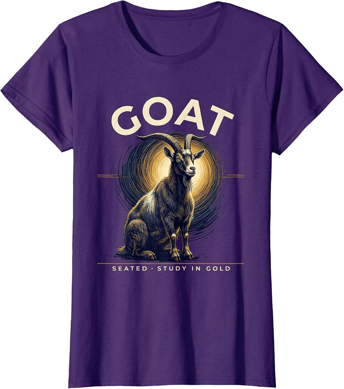 Women's Goat Seated Study In Gold Van Gogh Starry Night Animal T-Shirt - Purple