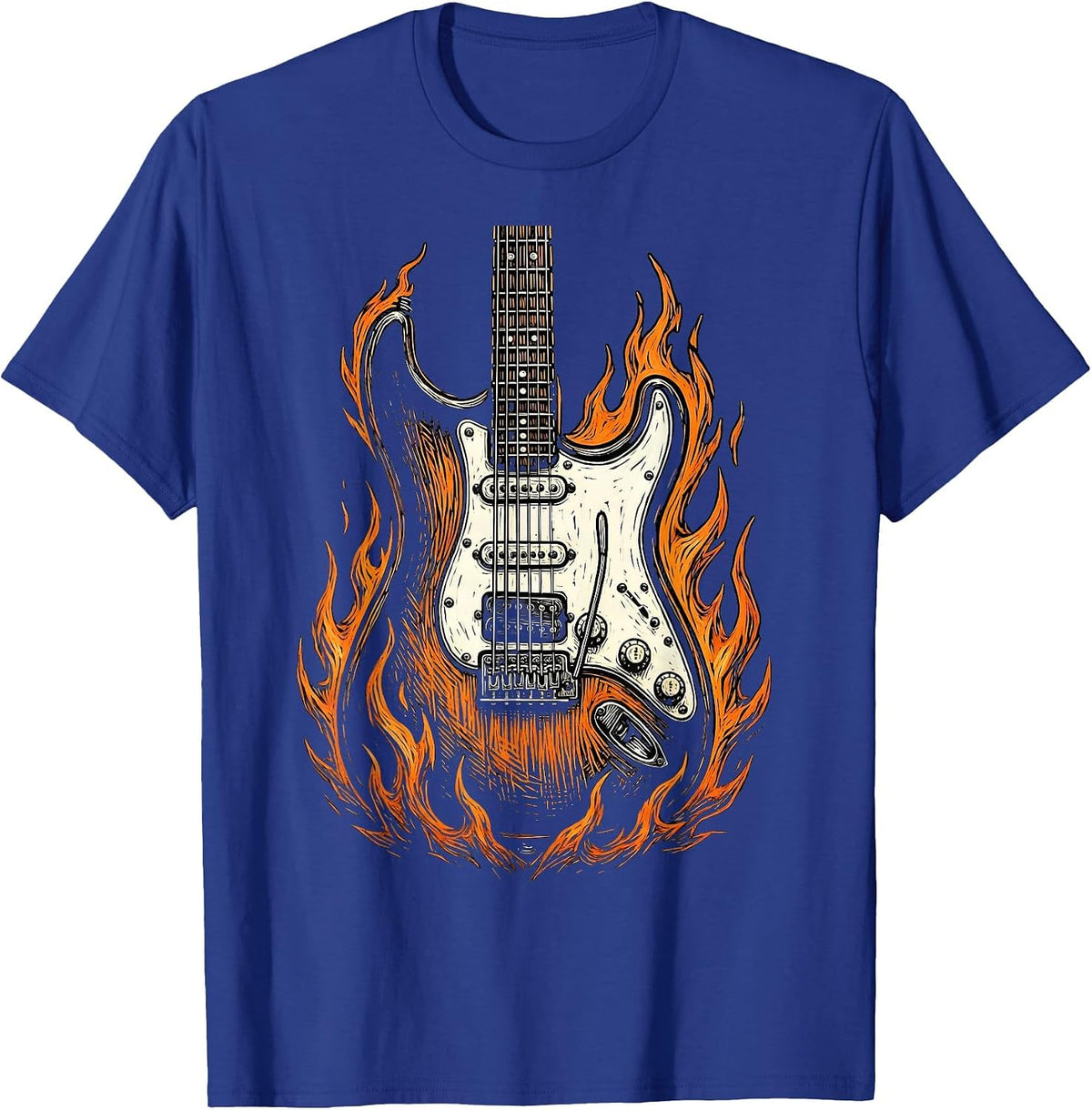 Flaming Electric Guitar Rock Music Graphic T-Shirt - Royal Blue