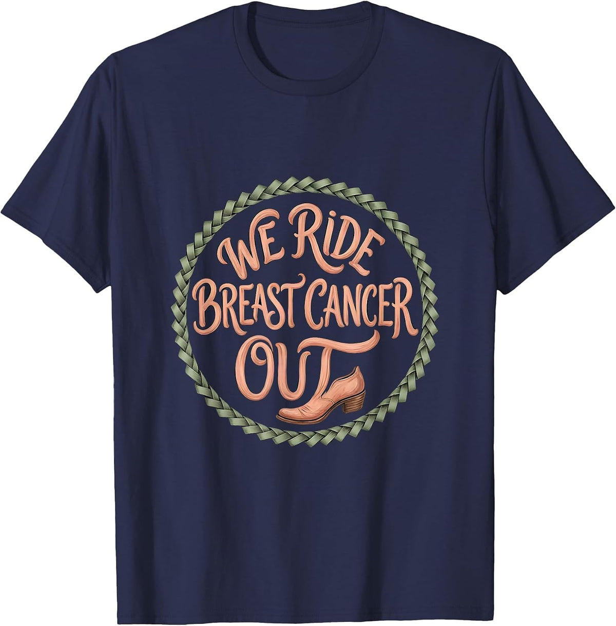 We Ride Breast Cancer Out Boho Typography Western Cowgirl T-Shirt - Navy Blue