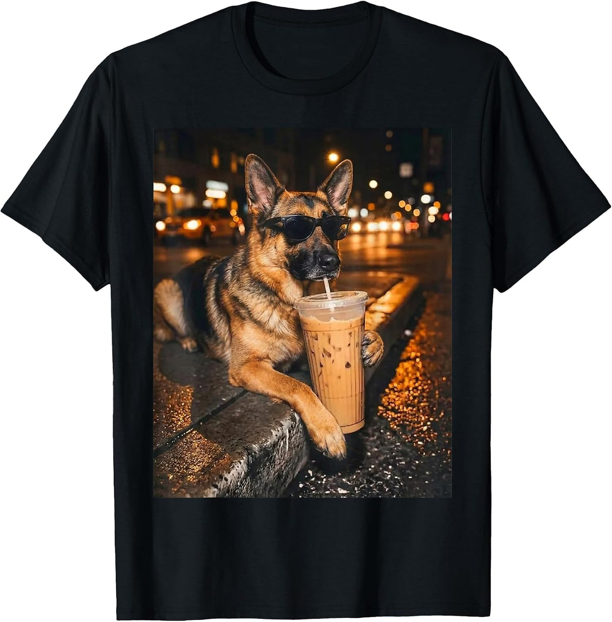 German Shepherd Drinking Iced Coffee Funny Dog Lover Meme T-Shirt - Black