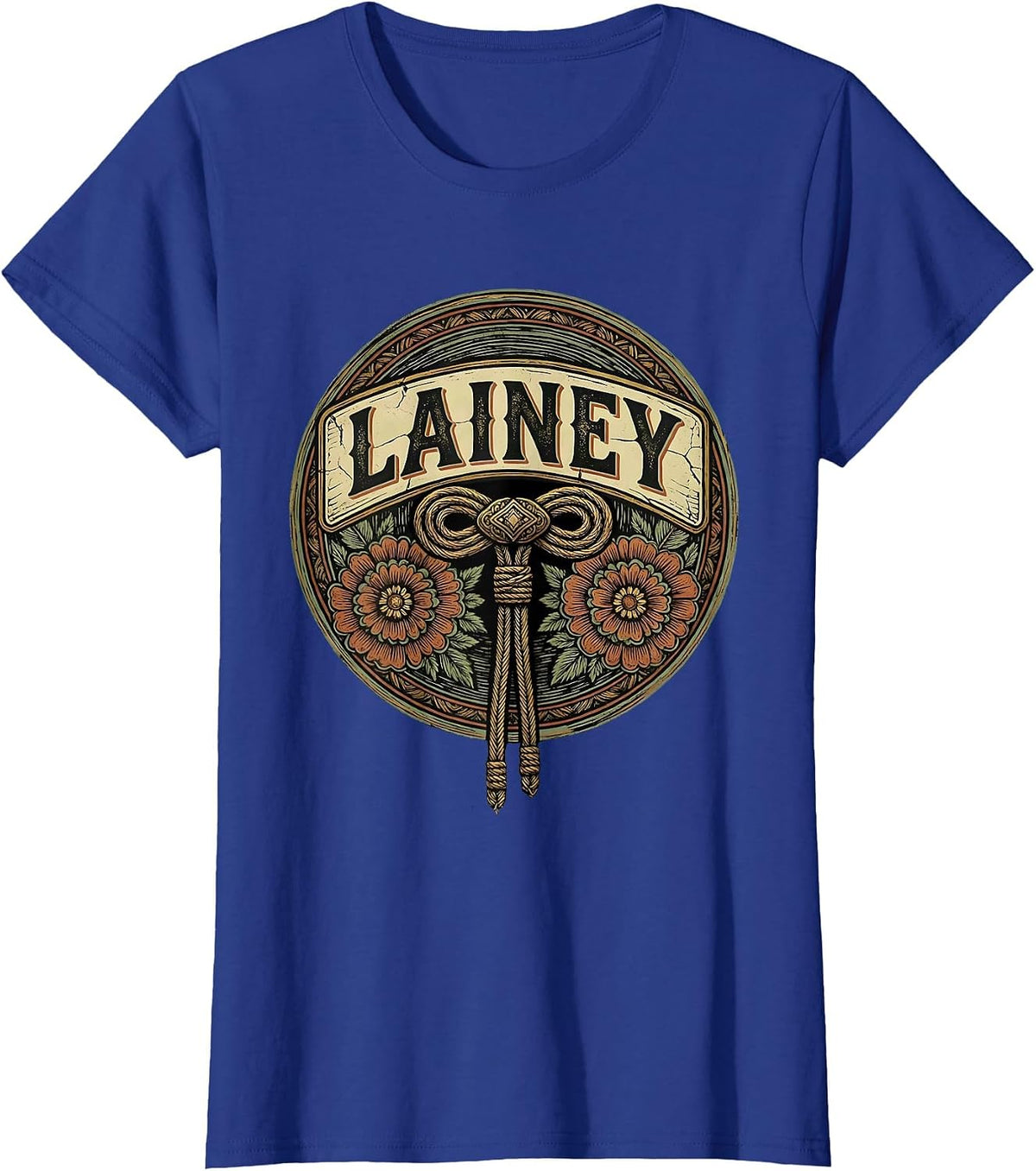 Women's Lainey Boho Folk Floral Western Cowgirl Name Personalized T-Shirt - Royal Blue