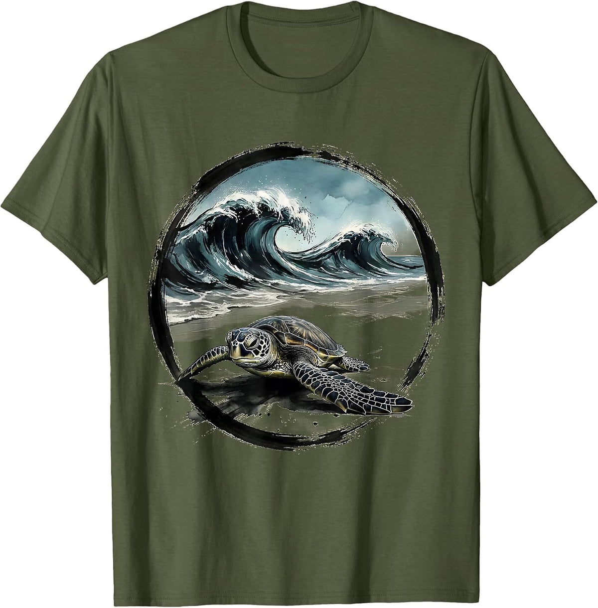 Men's Baby Turtle Racing to the Ocean Waves T-Shirt - Olive Green