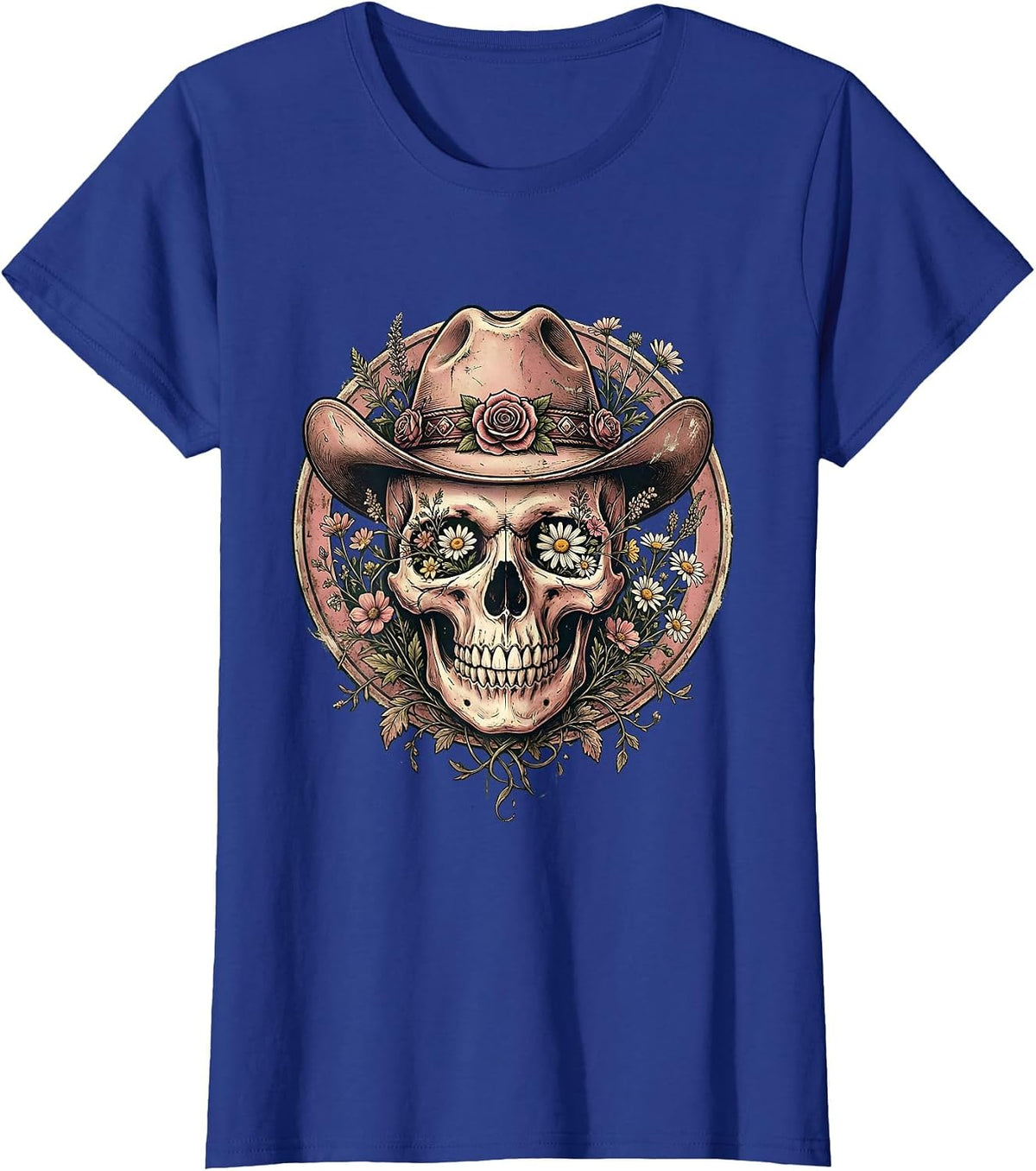 Women's Floral Skull Cowgirl Hat Western Graphic Design T-Shirt - Royal Blue