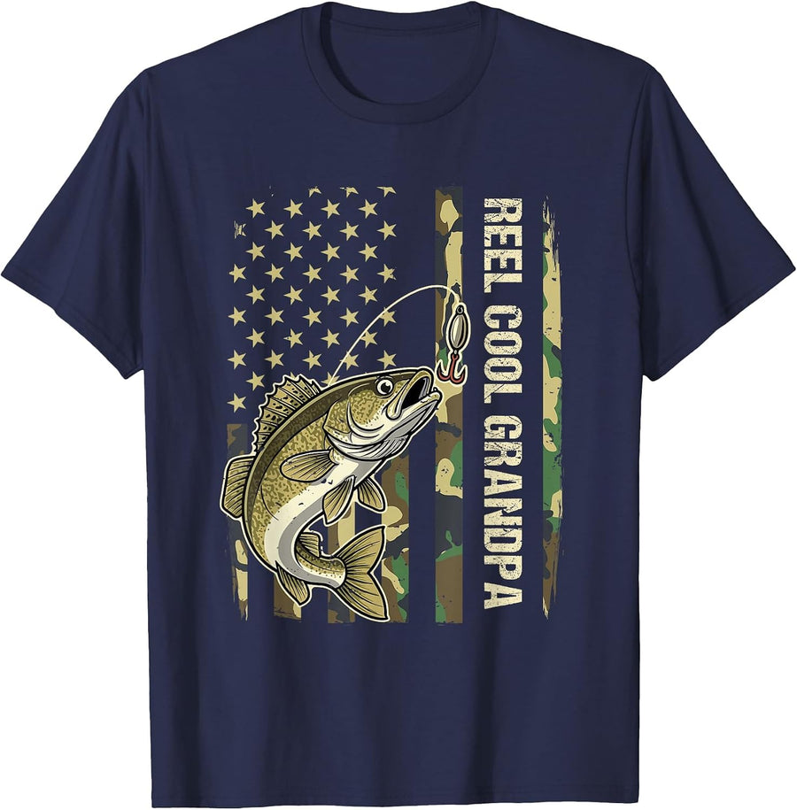 Reel Cool Grandpa Walleye Fishing Camo American Flag T-Shirt - Navy Blue