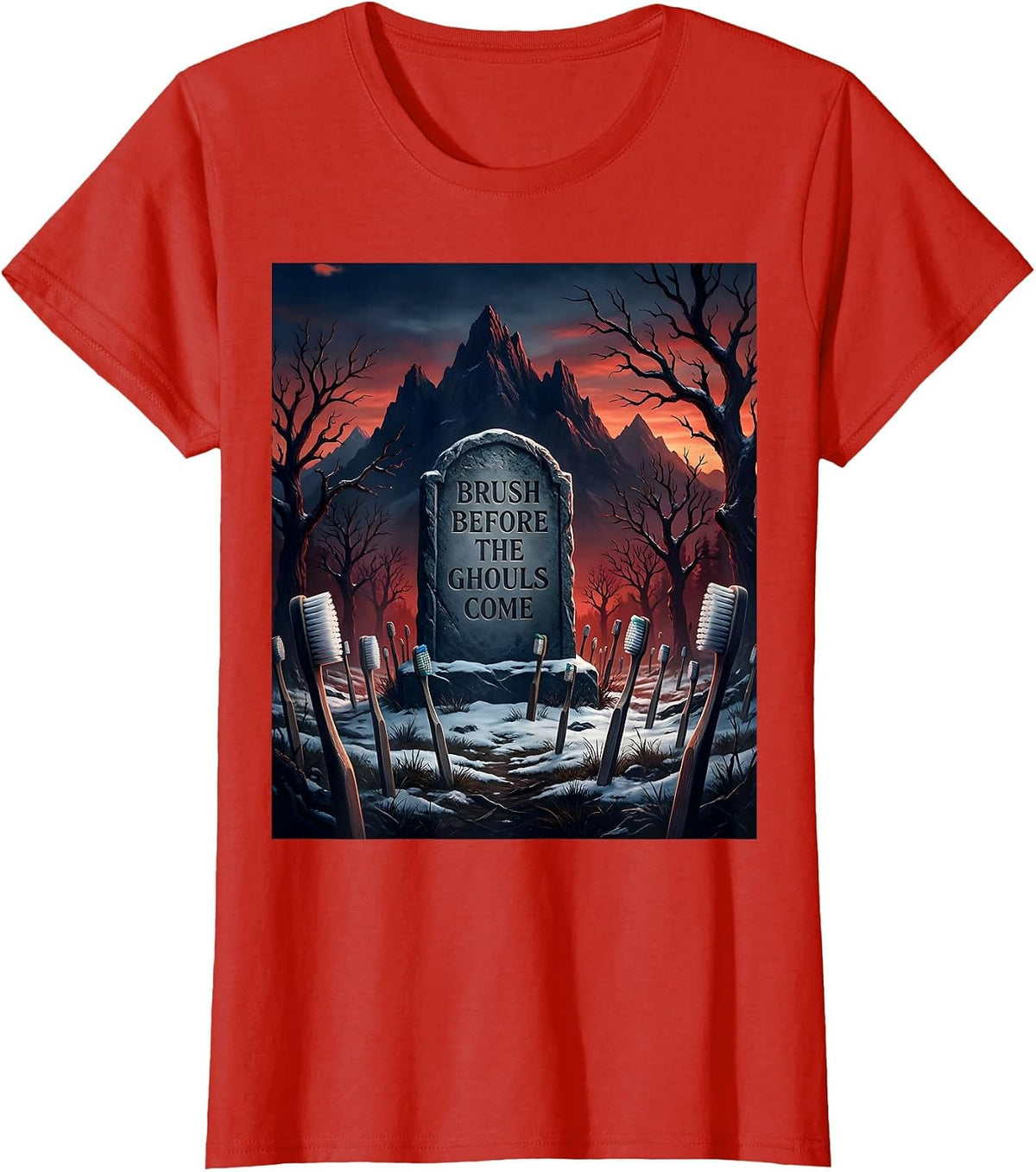 Halloween Dental Toothbrush Graveyard Design T-Shirt - Red