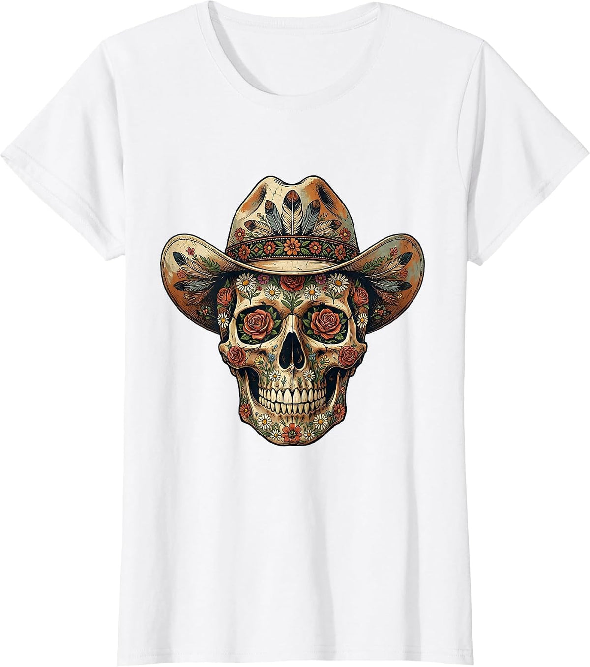 Floral Skull Wide Brim Hat Western Graphic Design T-Shirt - White