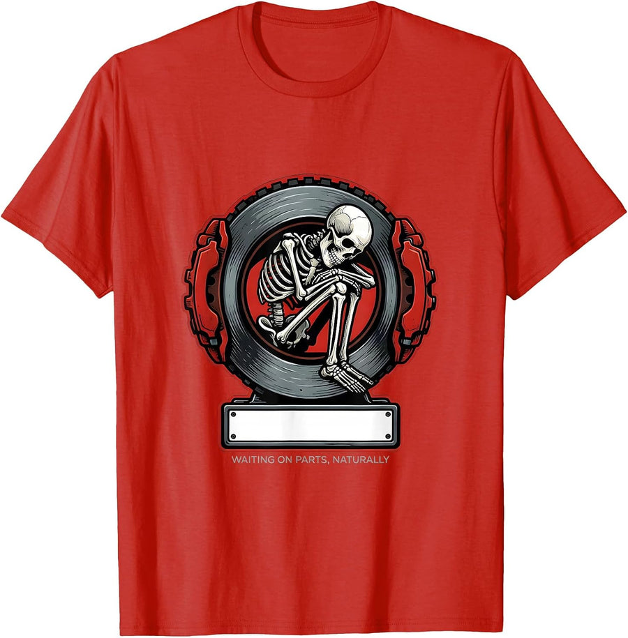 Men's Waiting On Parts Naturally Funny Mechanic Skeleton Auto T-Shirt - Red