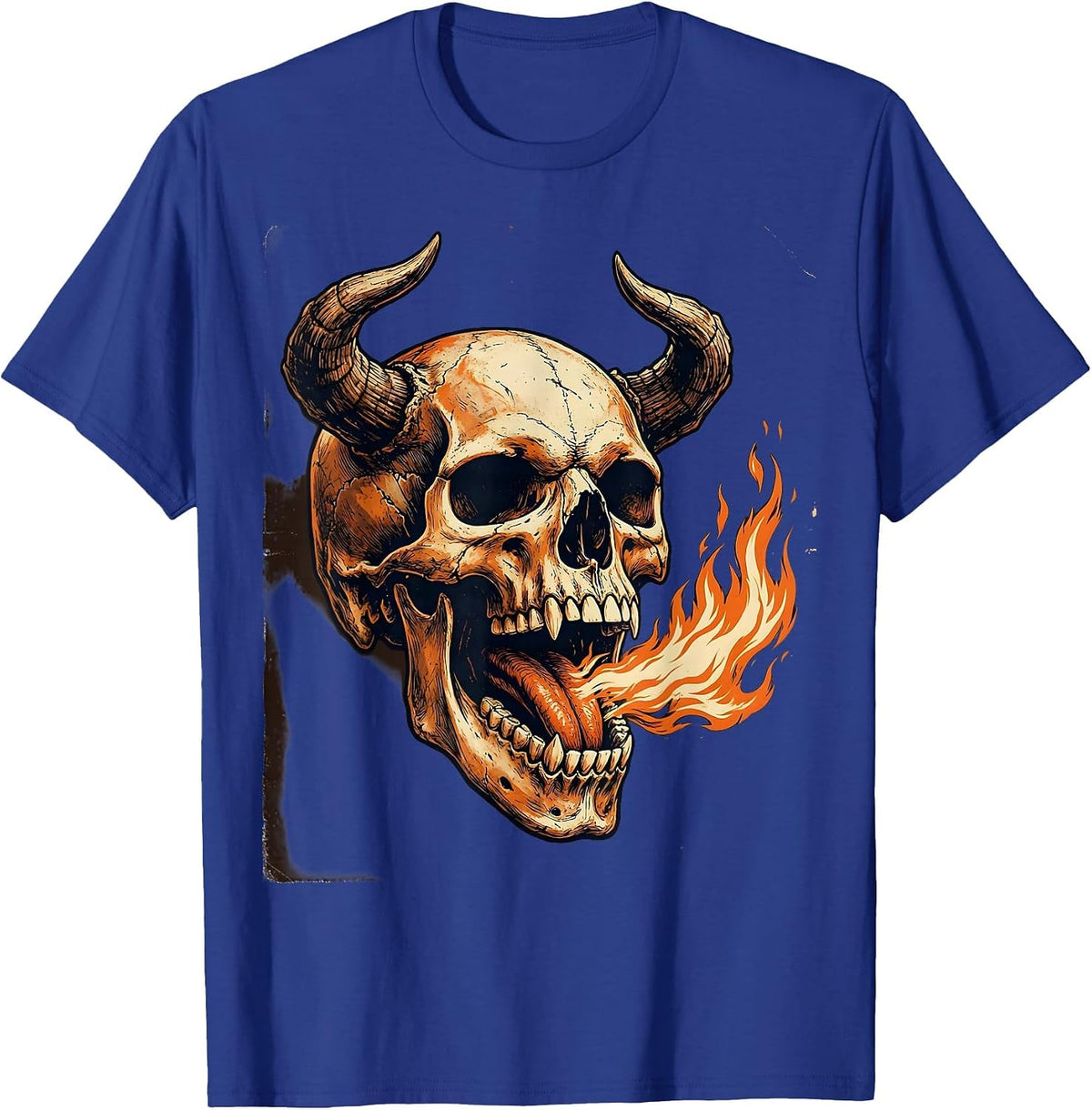 Men's Horned Demon Skull Fire Breathing Dark Art Design T-Shirt - Royal Blue