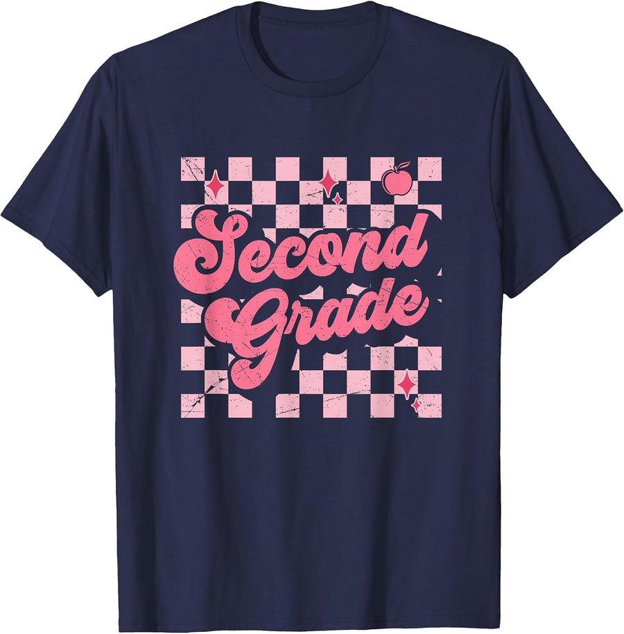 Second Grade Checkered Retro 2nd Grade Teacher Kid Girl T-Shirt - Navy Blue