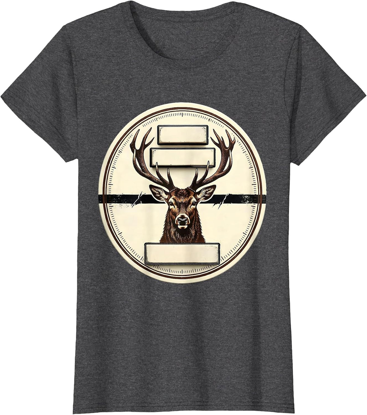 Women's Deer Buck Antler Letterpress Badge Hunting Dad Humor T-Shirt - Dark Heather Grey